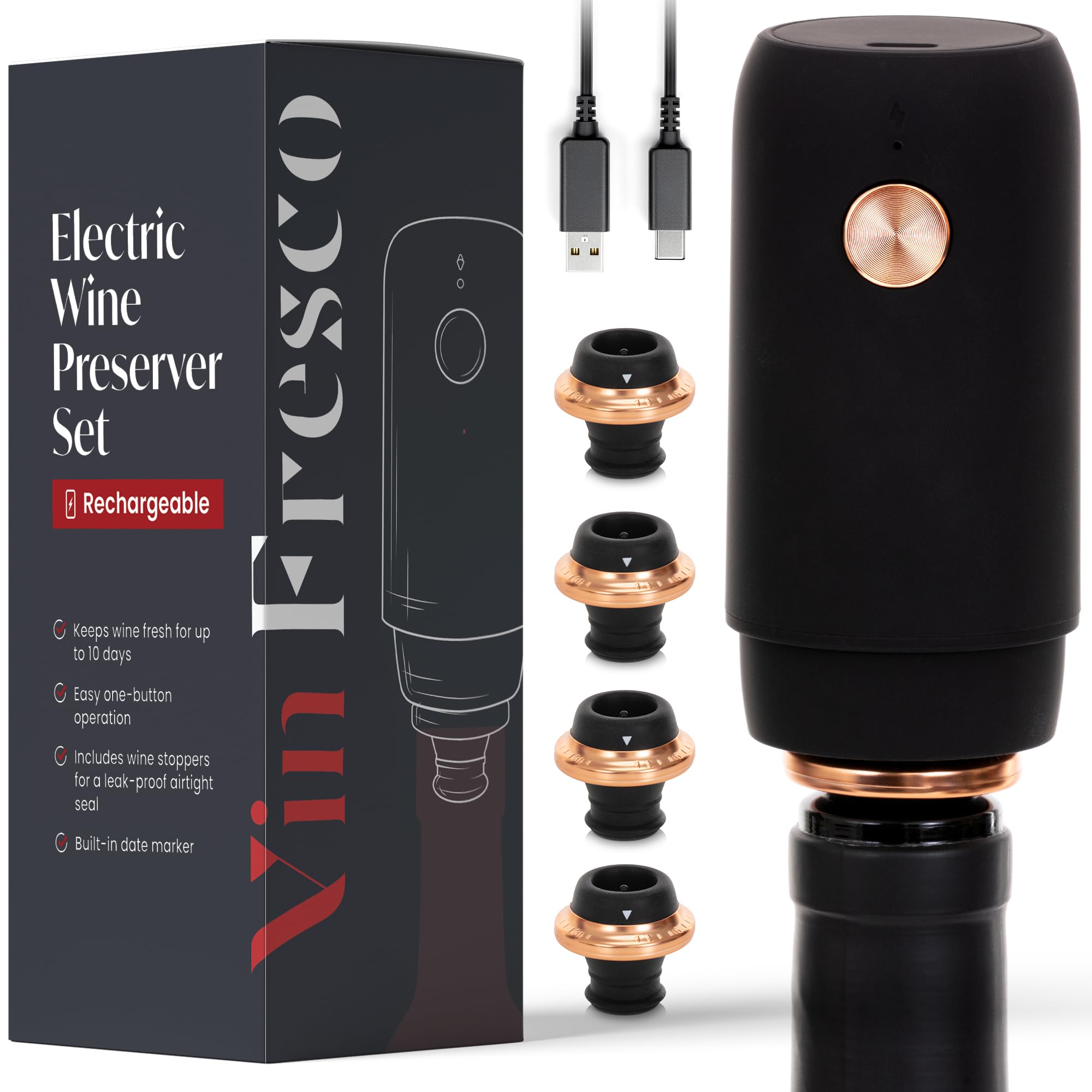 Electric Wine Preserver - Rechargeable Vacuum Saver with Airtight Seal - Automatic Air Remover Pump for 10 Days of Flavor & Freshness - Preservation System (Black & Rose Gold)