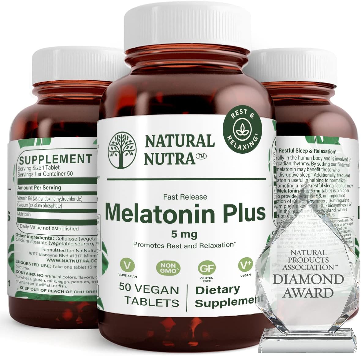 Natural Nutra Vegan Melatonin 5mg with Vitamin B6, Fast Dissolve, Melatonin with Calcium for Optimal Sleep, Promoting More Restful Sleep, Gluten Free, Non GMO, 50 Tablets