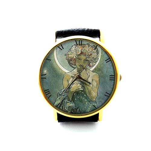 Miniatura 1 de La Luna Leather Watch, Moon Goddess Ladies Watch, Mucha art Watch, Unisex Watch, Moon Goddess Jewelry, Vintage Style Jewelry P322