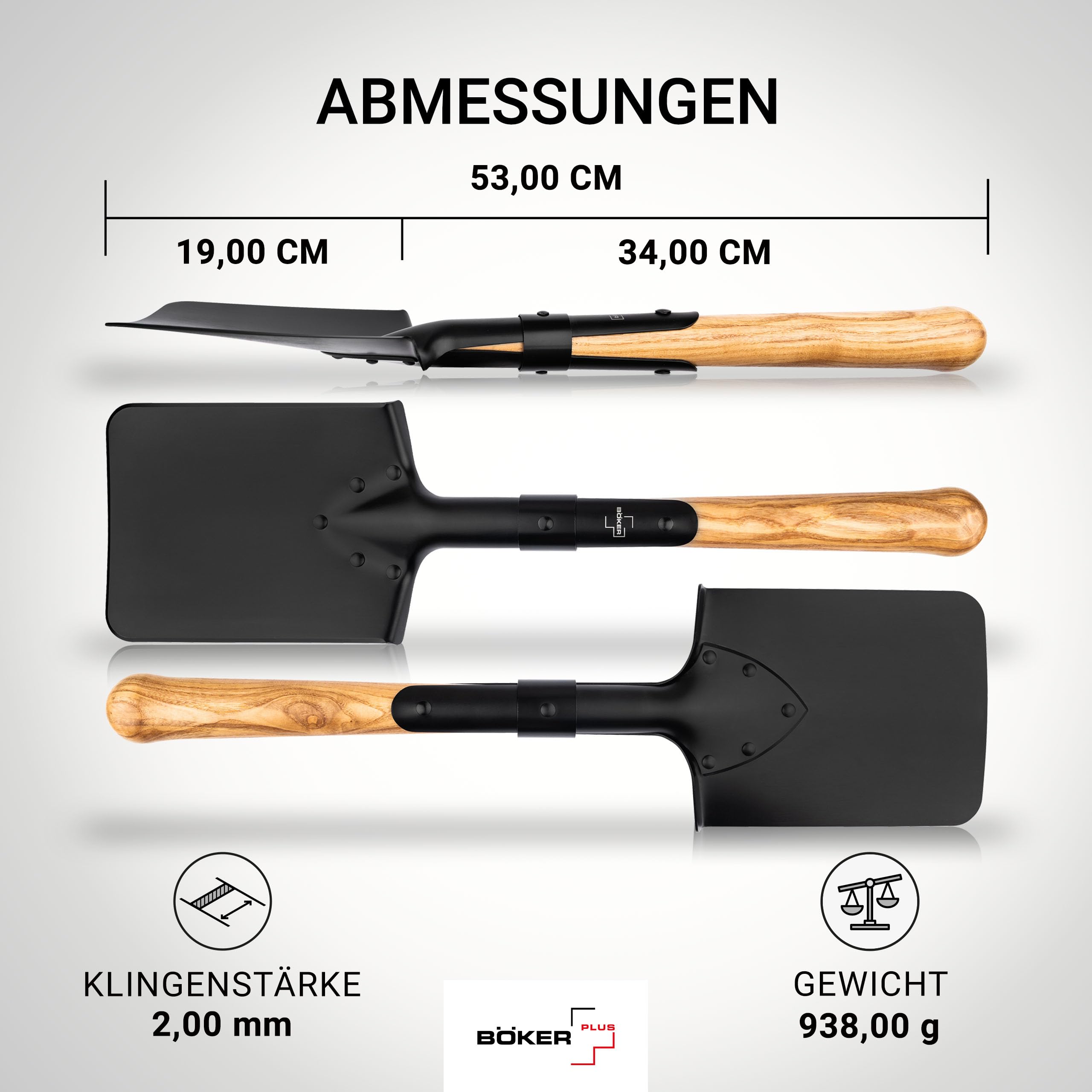 Böker Plus® Shovel M1874 - Deutscher Feldspaten mit Holzstiel - Armee Kurzspaten nach historischen Pionierspaten - Kurze Outdoor-Schaufel mit Tasche für Bushcraft-, Camping-, Survival-Ausrüstung