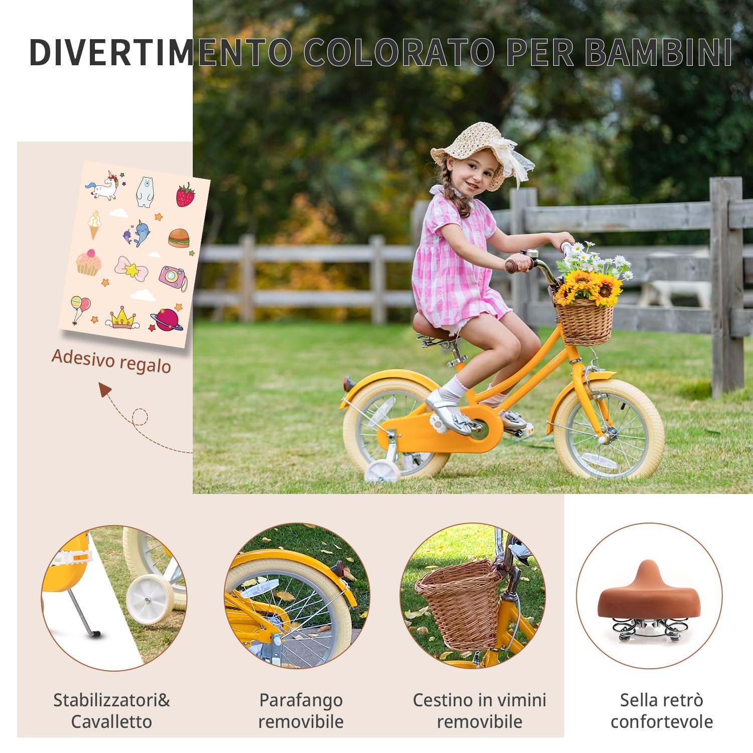 Bicicletta per bambine con cestino 12-20 pollici con campanello e stabilizzatori