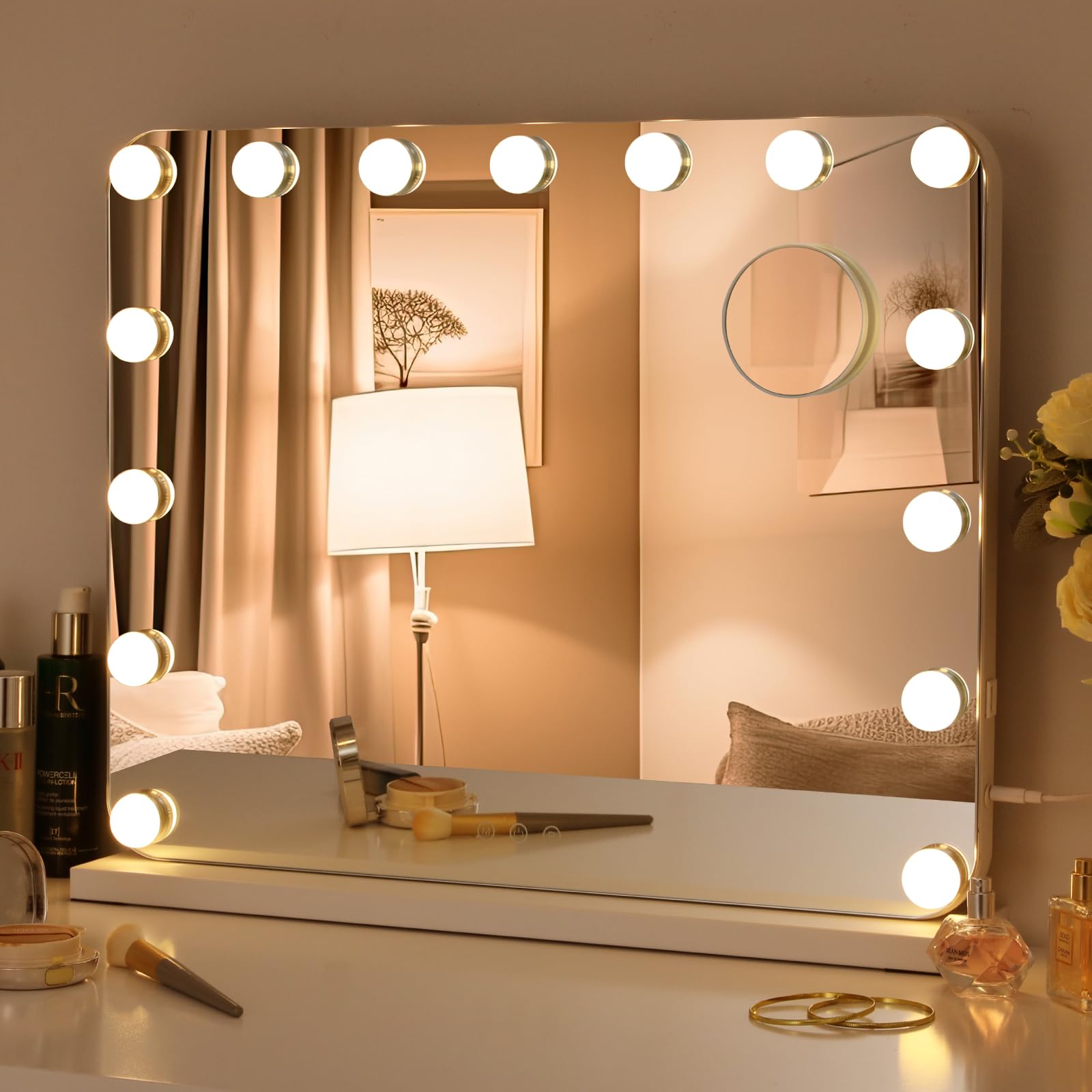 MAMIZO Hollywood Spiegel 58x46 cm, Schminkspiegel mit Beleuchtung, 15 LED, 3 Lichtfarben, Enstellbare Helligkeit, mit USB und 10x Lupe, Spiegel mit Licht, Wandspiegel, Schminkspiegel für Make-Up