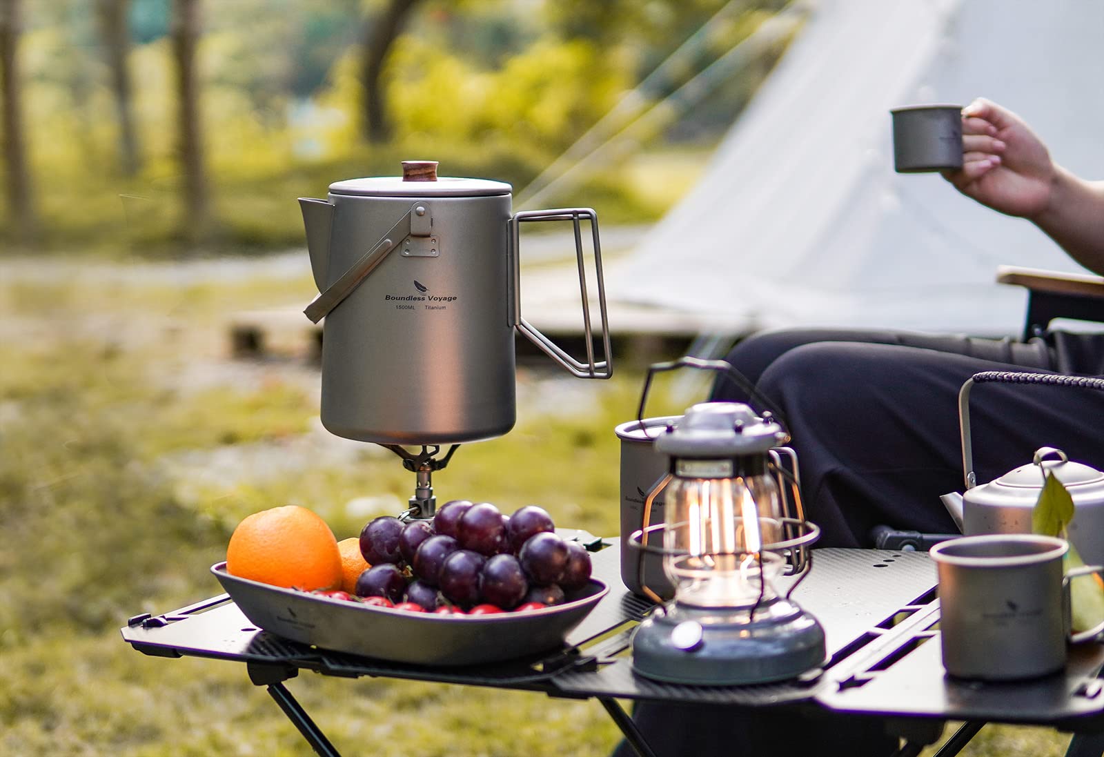iBasingo 1500ml Titanio Hervidor de Café de Camping Hervidor de Té Barista Máquina de café para viajes al aire libre Picnic Senderismo Jardín Fogón Taza de infusión rápida