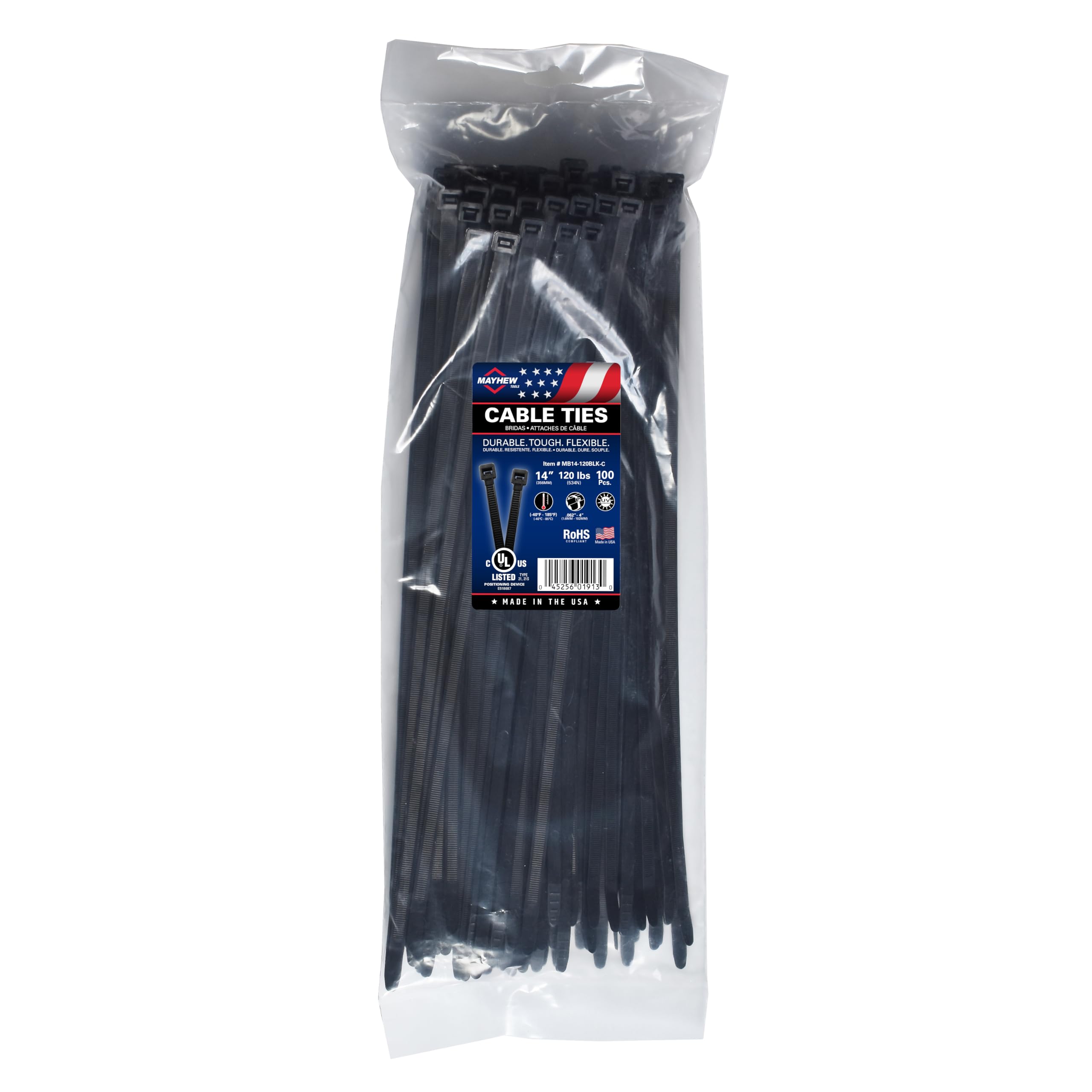 Mayhew MB14-120BLK-C fascetta per cavi, resistenza alla trazione, 14 pollici 54,4 kg, nero UV, 100 pezzi
