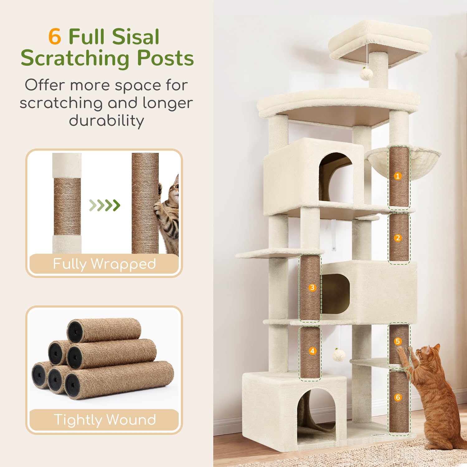 Globlazer Árbol Rascador para Gatos Beige XXL 203 cm Alto con 3 Grande Nidos 45*30*30CM, Extragrande Plataforma, Cesta, Juguetes, Estable Rascador para 4-6 Gatos Adultos Jugar Interior (S80, Beige)