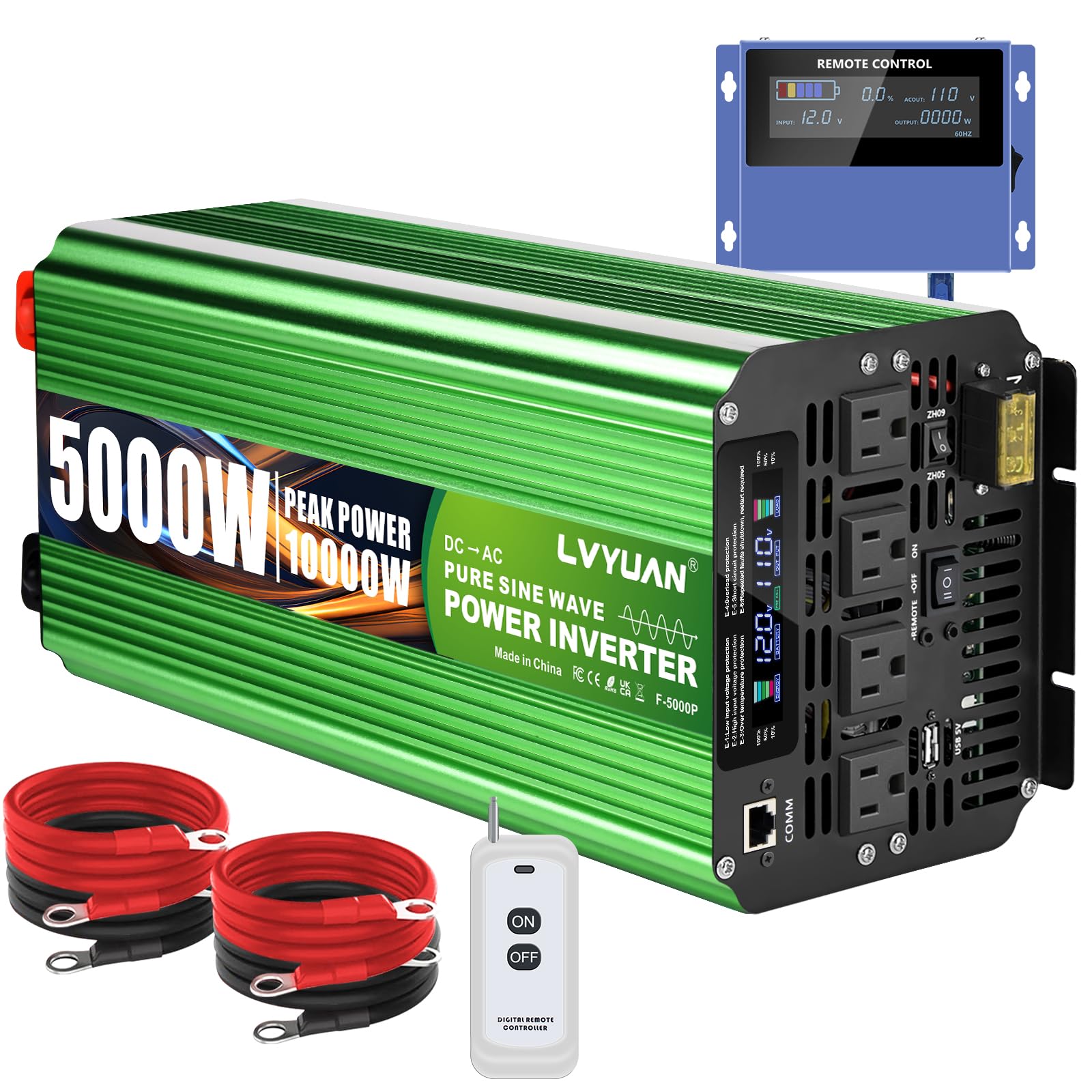 LVYUAN 5000 Watt Heavy Duty 10000(Peak) Pure Sine Wave Power Inverter 12V DC to 110V/120V AC Converter with 4 Sockets, LCD Display, Remote Control and USB Port for Home, RV, Truck, Solar, Emergency