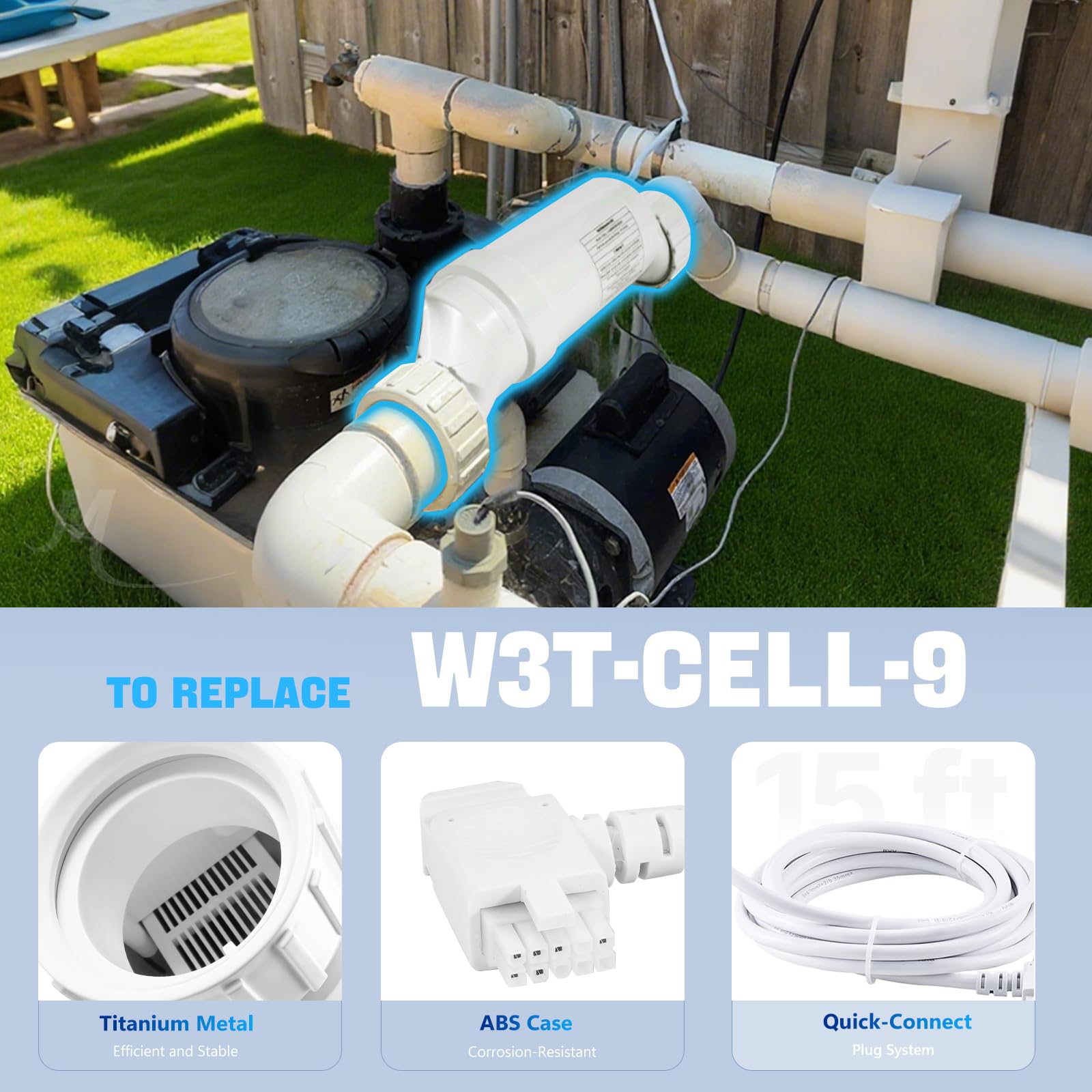 T-9 - Célula de sal para sistema de clorador de piscina compatible con Hayward Cell T-9 W3T-CELL-19 BLT9H AquaRite, AquaTrol y más piscinas de agua salada de hasta 25.000 galones