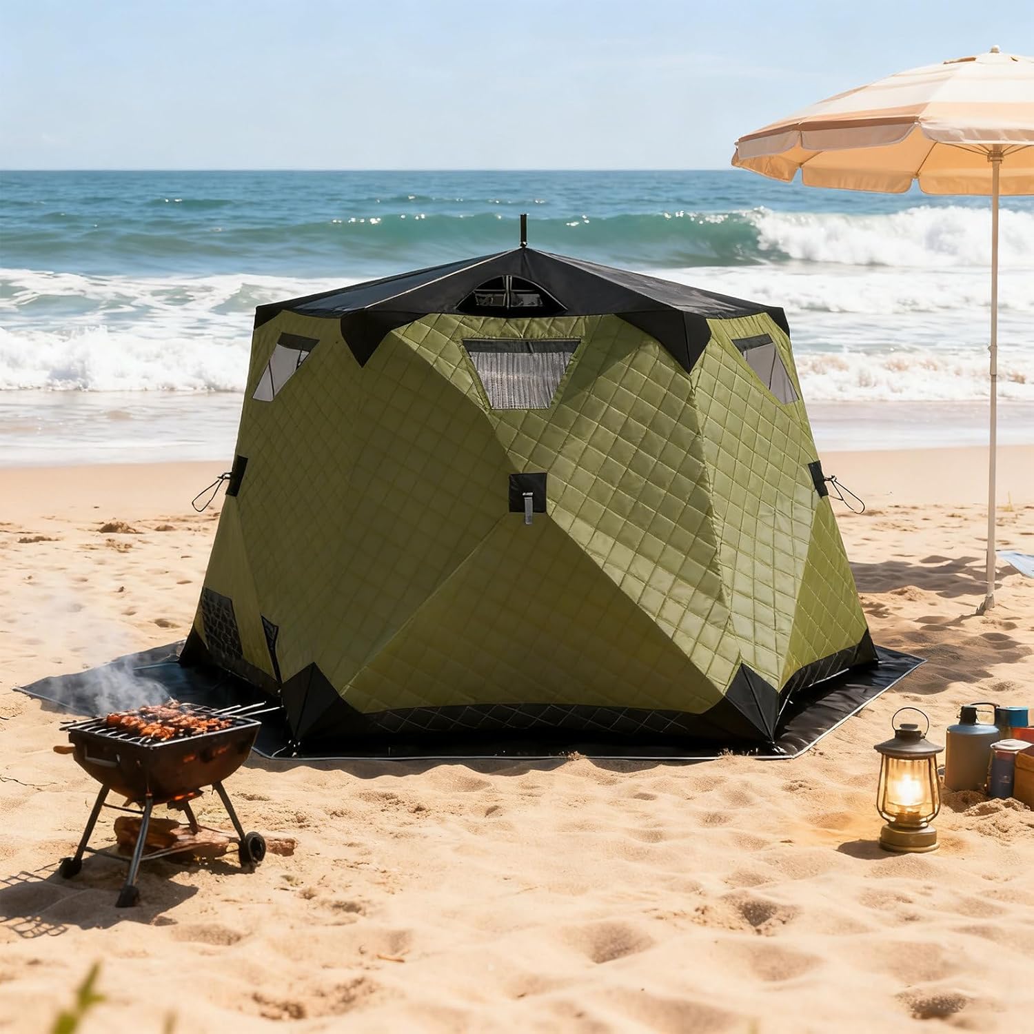 Ice Fishing Shelters | Portable Ice Fishing Shanty - Instant Pop-Up Design for 5-6 Anglers, Insulated Windproof Tent with Stove Jack & Storage Pockets Green