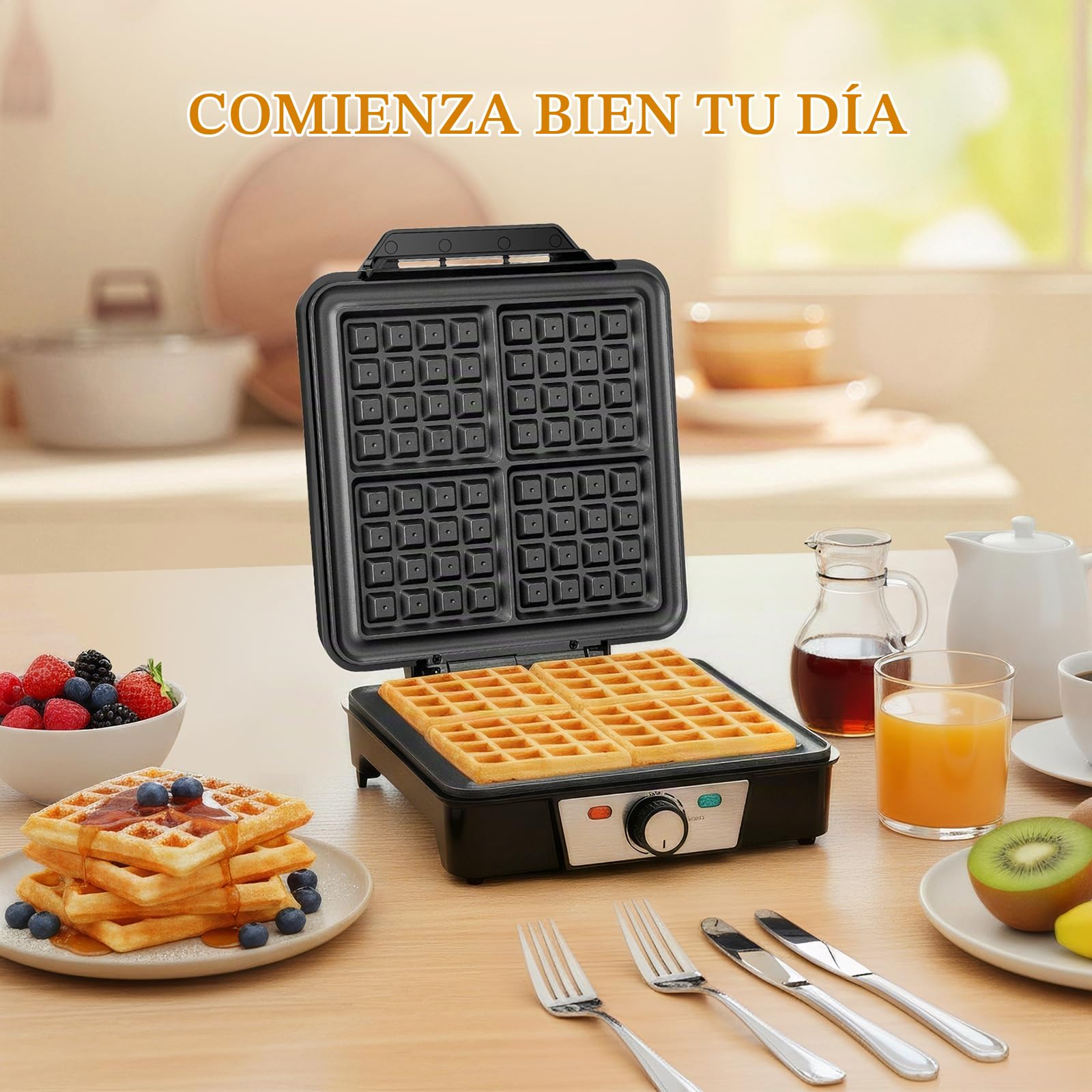Cozary Gofrera Maquina de Gofres Waflera Antiadherente 1200W Hace 4 Gofres Belgas Temperatura Ajustable Acero inoxidable Diseño Compacto