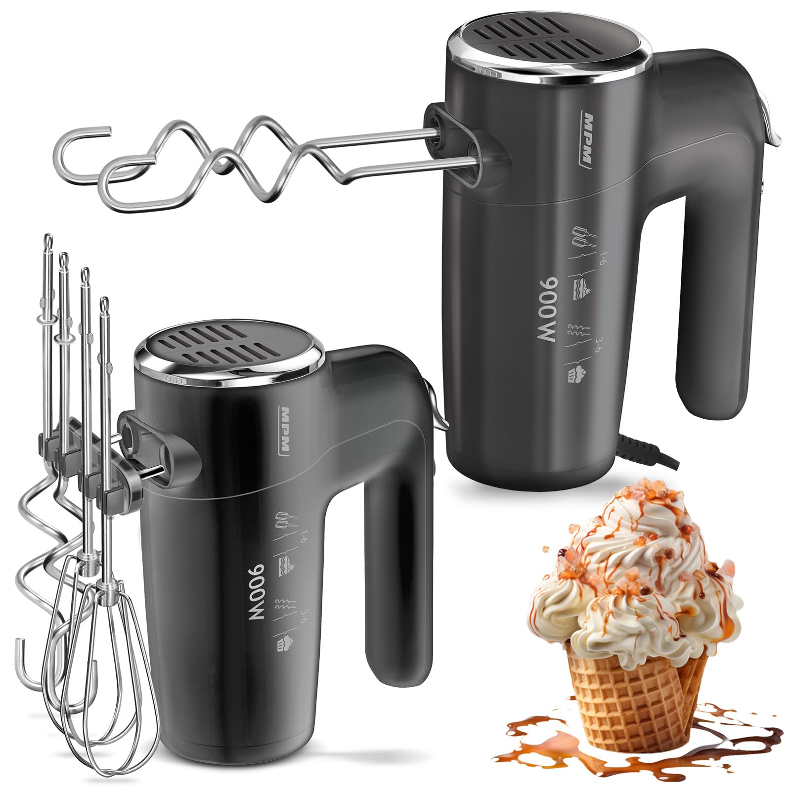 MPM Batteur à main avec 2 fouets et 2 crochets pétrisseurs - 6 vitesses avec bouton turbo - 900 W - Anthracite