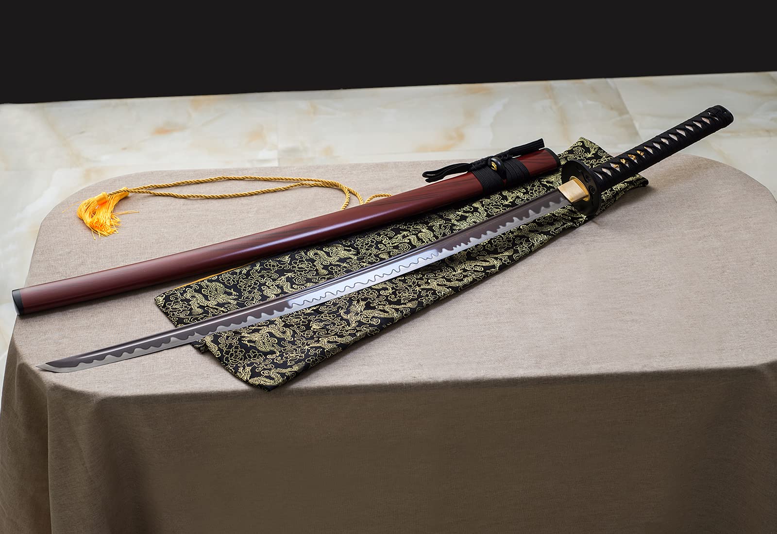 40 Zoll Katana Japanisches Samurai-Schwert Handgeschmiedet, 1060 Kohlenstoffstahl Roter Damaststahl, Echtes Full Tang mit Eisen-Tsuba, Für Sammler und Dekoration
