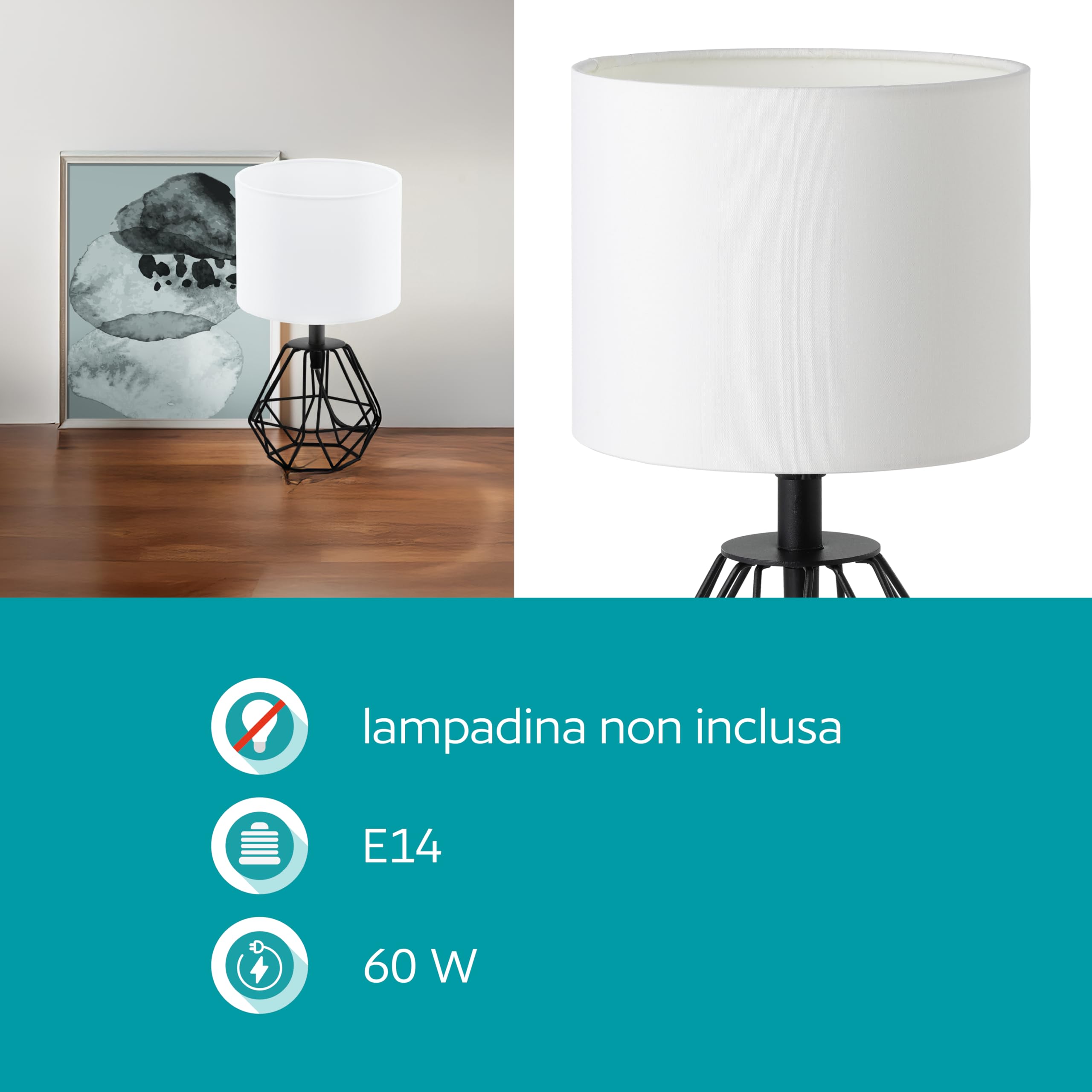 Eglo lampada da tavolo Carlton 2, lampada da tavolo vintage a uno punto | luce, lampada da comodino in acciaio e tessuto, nero, bianco, presa E14, interruttore incl