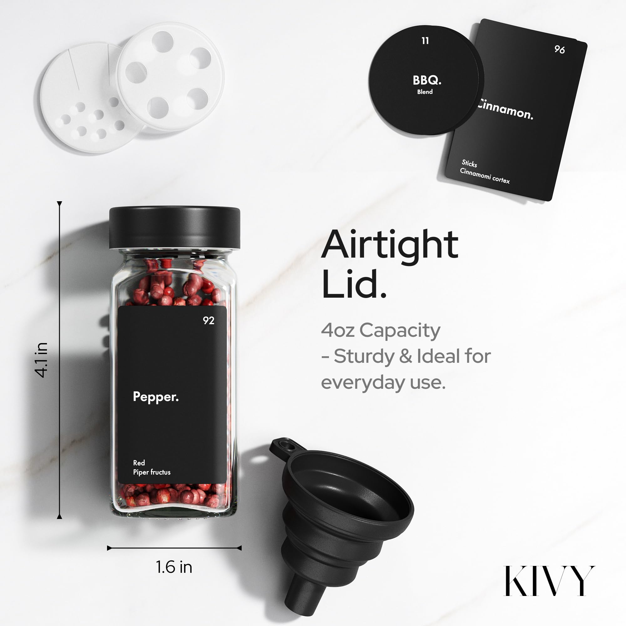 KIVY Lot de 24 pots à épices vides avec bac à saupoudrer [24 x 120 ml] + 240 étiquettes étanches – Bocaux à épices carrés hermétiques – Noir