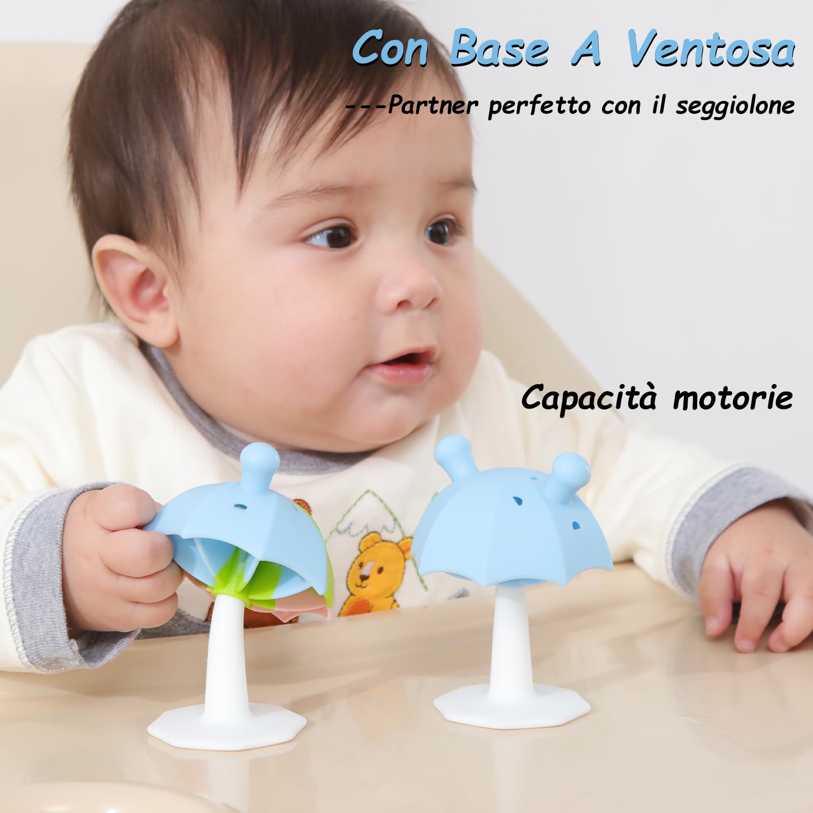 Massaggia Gengive Neonati, Seposeve Silicone Ombrello Giochi Dentizione Neonato con Base a Ventosa per Bambino 0-12, 12-24 Mesi, Massaggia Gengive Neonati Freezer, SENZA BPA, Multicolore