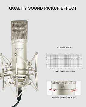 SUUNTOK XLR Condenser Microphone Studio Recording Microphone Perfect for Studio, Podacst, Live Streaming, Broadcast-TM87KB (Champagne)