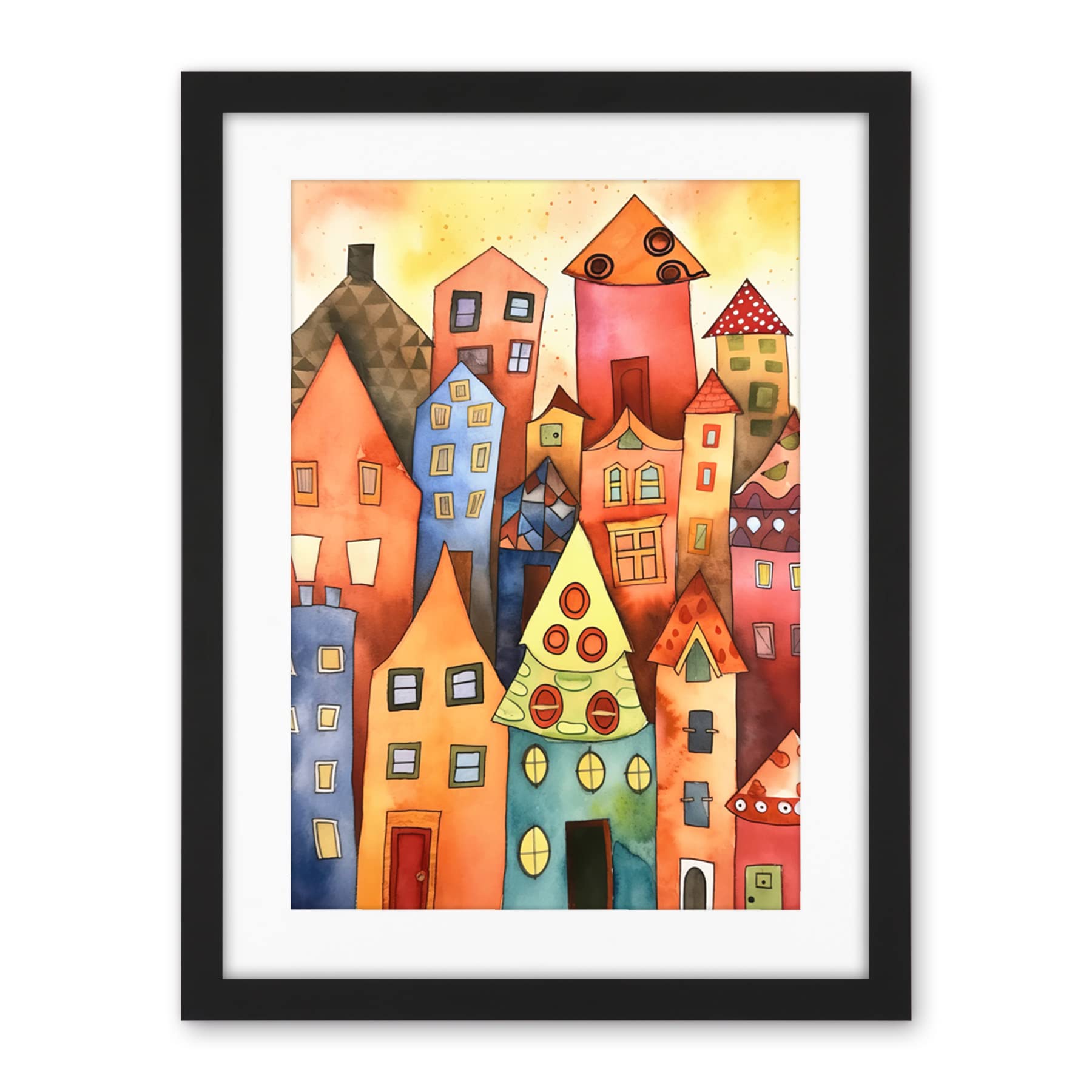 Artery8 Colourful Townscape Folk Art Watercolour Painting Artwork Framed Wall Art Print 18X24 Inch