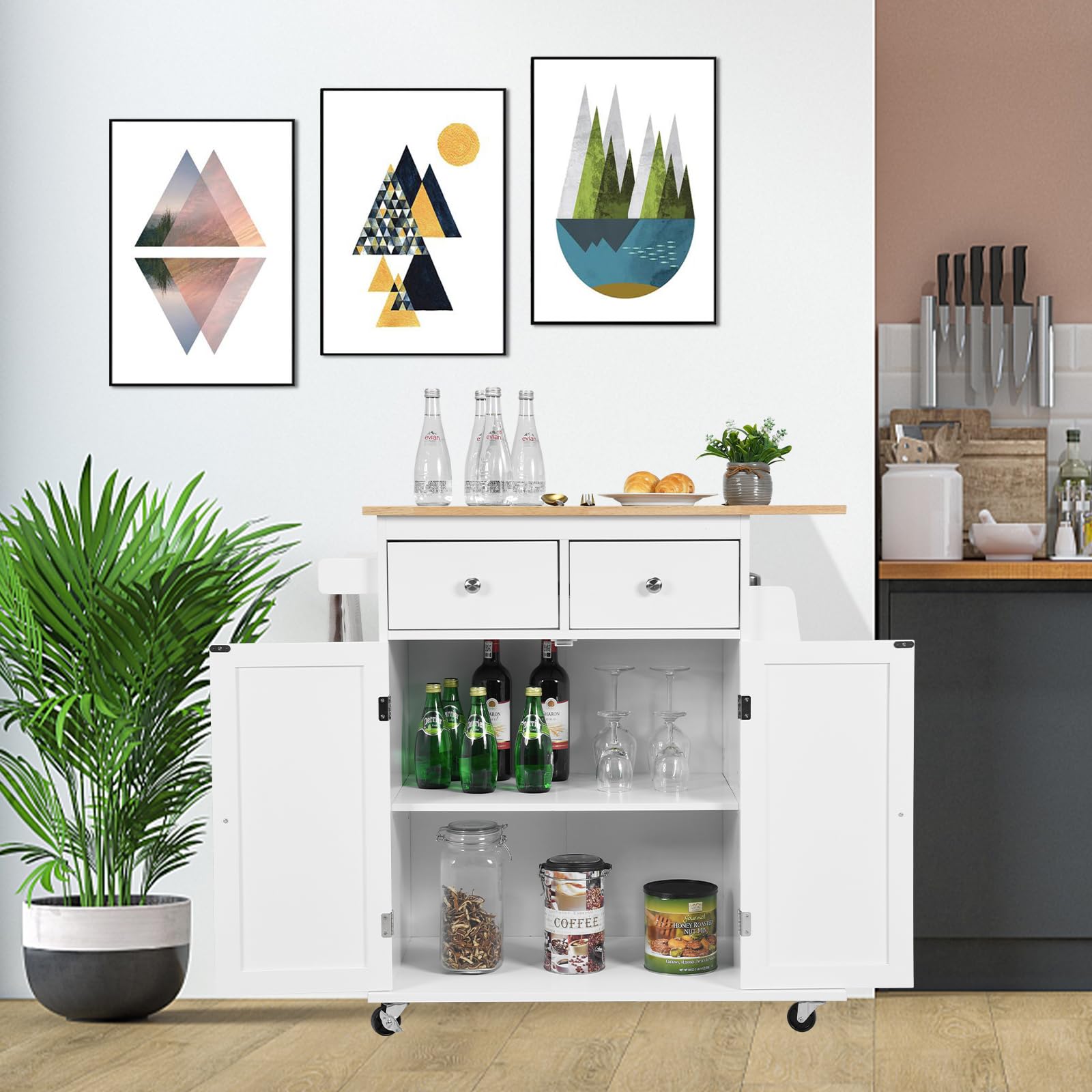 KOMFOTTEU Carro de Cocina con Encimera de Madera Maciza, Carrito Auxiliar con Estante Lateral, 2 Cajones, Armario con Puertas, Isla de Cocina con Ruedas y Estante Ajustable, 88 x 46 x 90 cm (Blanco)