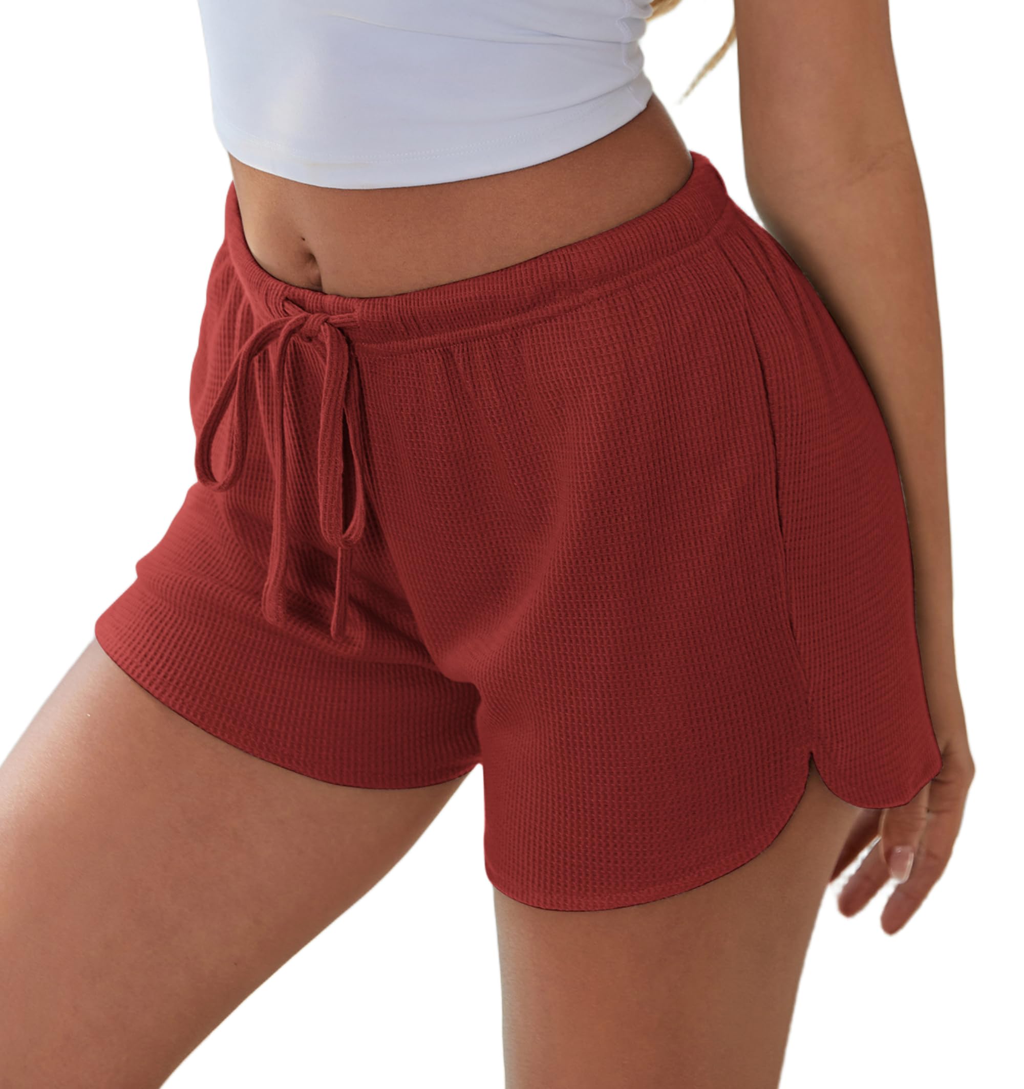 Ekouaer Womens Waffle Knit Pajama Shorts Soft Drawstring Lounge Bottom Casual Workout Shorts with Pockets Wine Red L