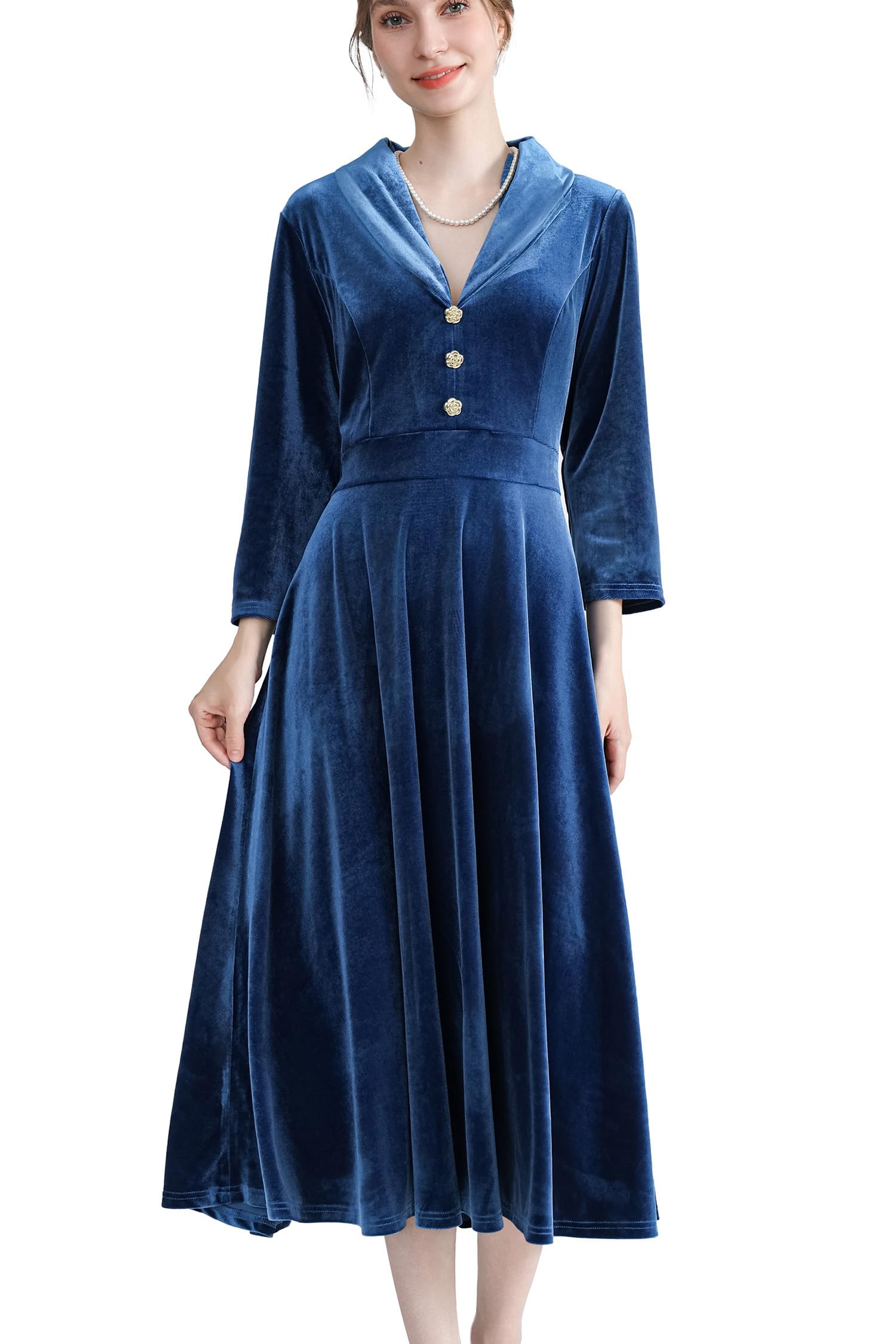 AXOE Femme Robe Velours Elegant Vintage Midi Manches 3/4 Vêtements Hiver Soiée Fete Mariage Invité