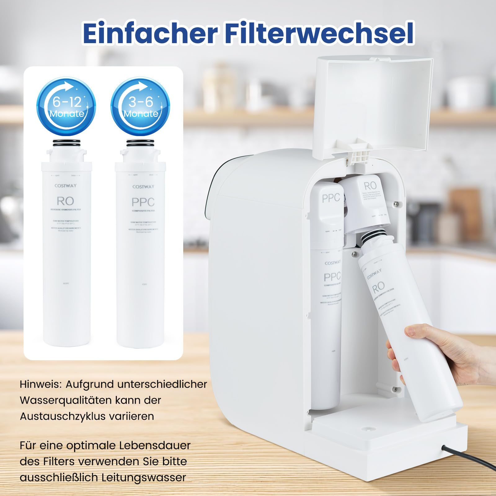 COSTWAY Umkehrosmose Wasserfilter, RO+PPC Wasserfiltrationssystem mit UV-Licht, Umkehrosmoseanlage Trinkwasserfilter für Zuhause, Osmoseanlage 4:1 Rein zum Abfluss (Schwarz)