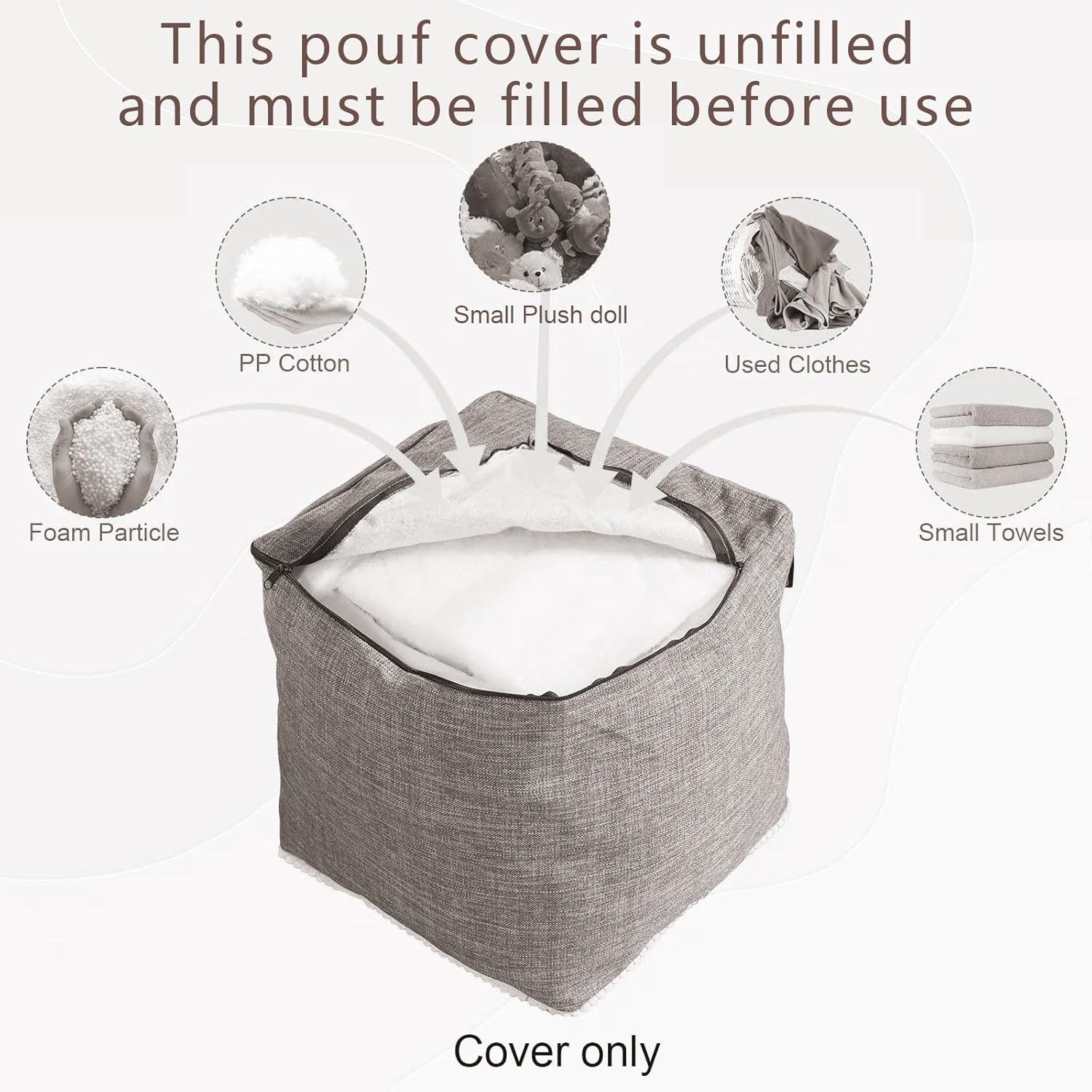 Louis Donné Unstuffed Storage Pouf Ottoman Cover 45x45 Cotton Linen DIY Decorative Footrest for Living Room Bedroom Home Office Replacement (Only Cover)