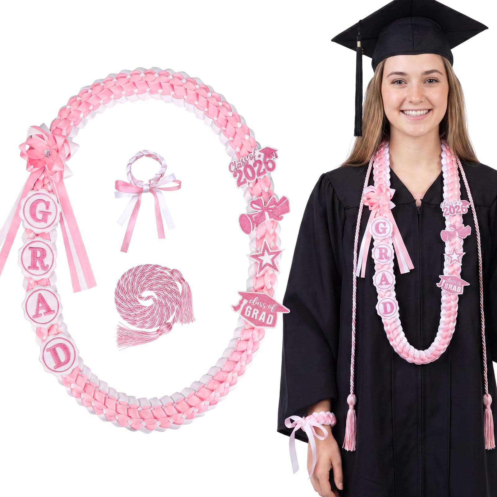 Photo 1 of woric Graduation Lei 2026 Pink Braided Ribbon Necklace
