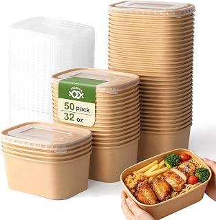 50-Pack 32oz Rectangular Kraft Paper Bowls with Lids, Microwave Safe Disposable Takeout Containers for Hot & Cold Food, Restaurant & Meal Prep Use