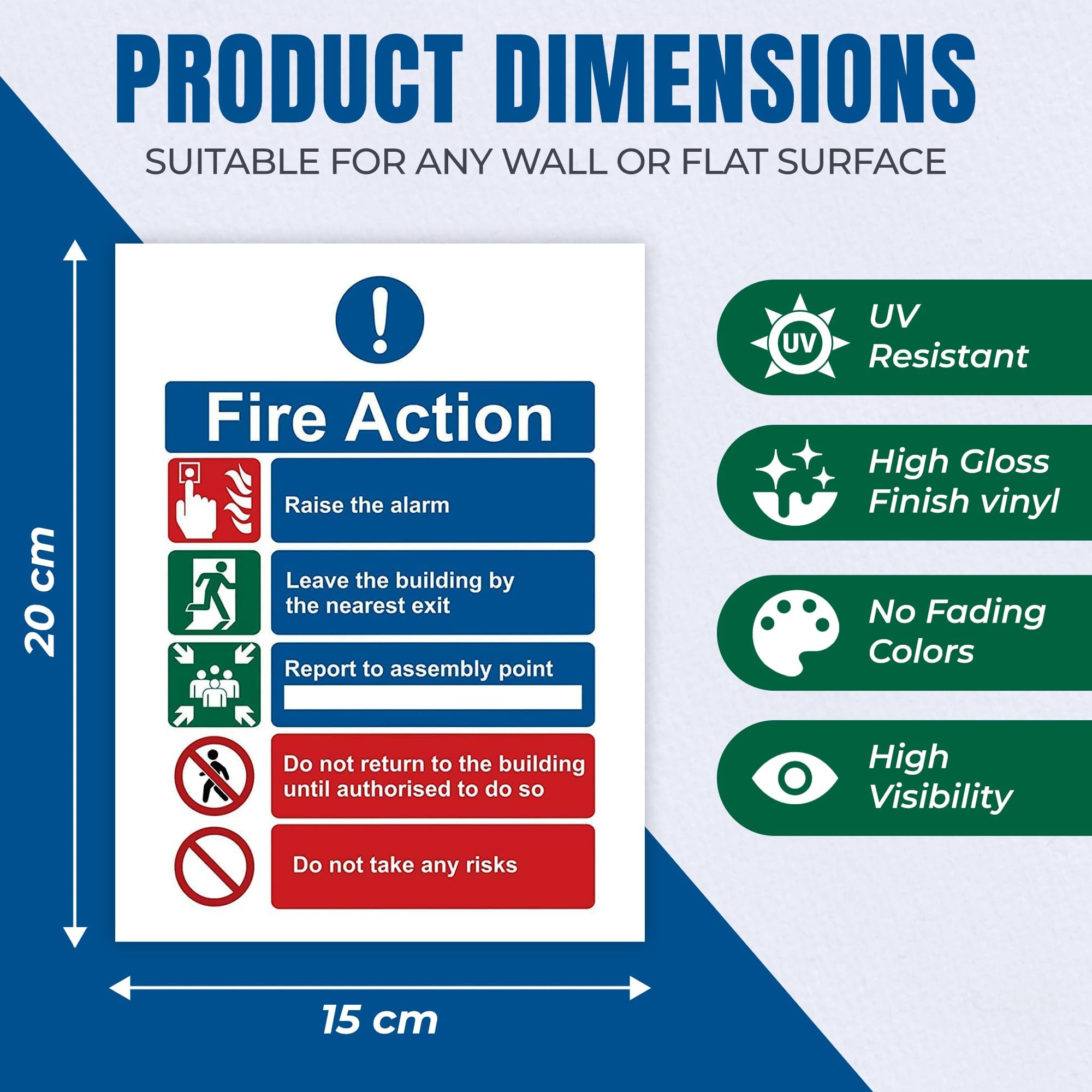 Fire Action Notice Sign. 10PK 20x15cm, Fire Exit Sign High Gloss Self Adhesive Sticker - Fire Safety Signs Fire Signage Stickers Fire Escape Sign (10)