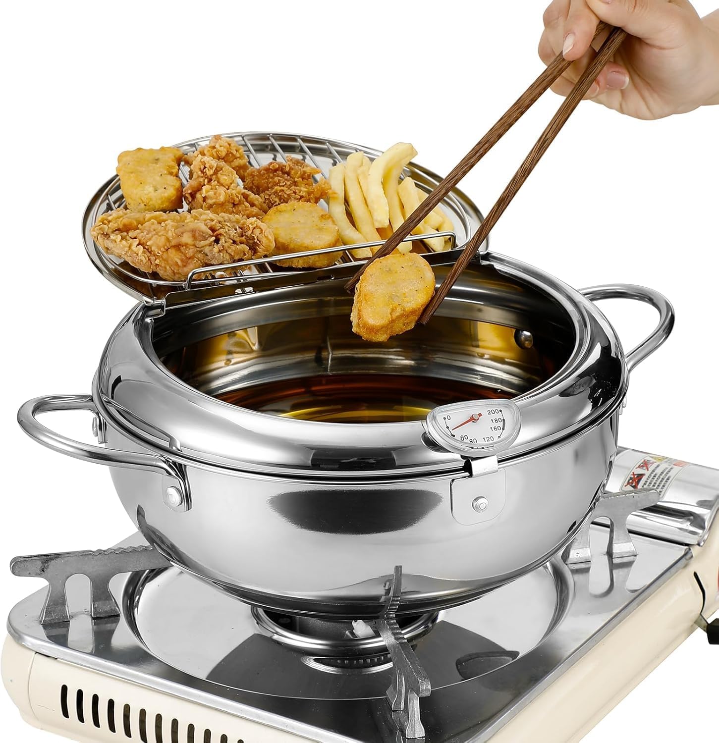 Freidora de acero inoxidable con tapa escurridor de aceite y termómetro, pequeña freidora Tempura capacidad de 3,2 L, antiadherente, apto para todo tipo de fuegos