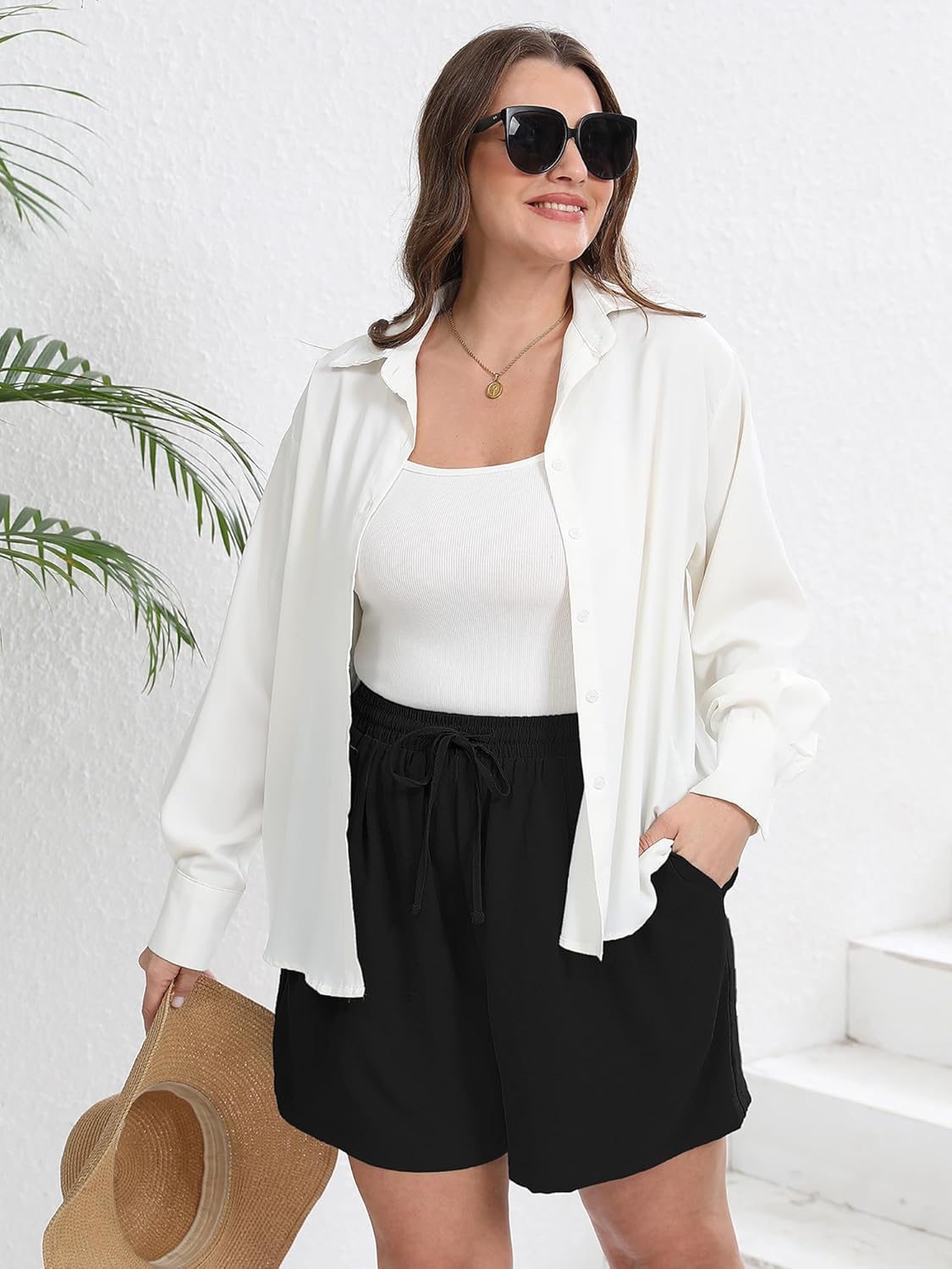 Aulooks Plus Size Women's Wide Leg Shorts Lightweight High Waisted Adjustable Tie Knot Loose Summer Baggy Short Pants 1X-5X - Image 5