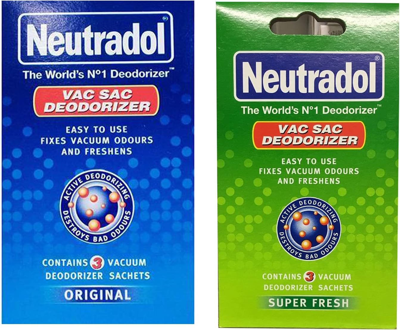 Neutradol Vac Sac Deodorizer 3 Vacuum Sachets Each Original and Super Fresh Pack of 2