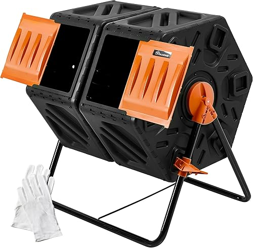 YITAHOME Contenedor de compostaje grande de doble cámara para exteriores, compostador giratorio de 37 galones con 2 puertas corredizas y sistema de