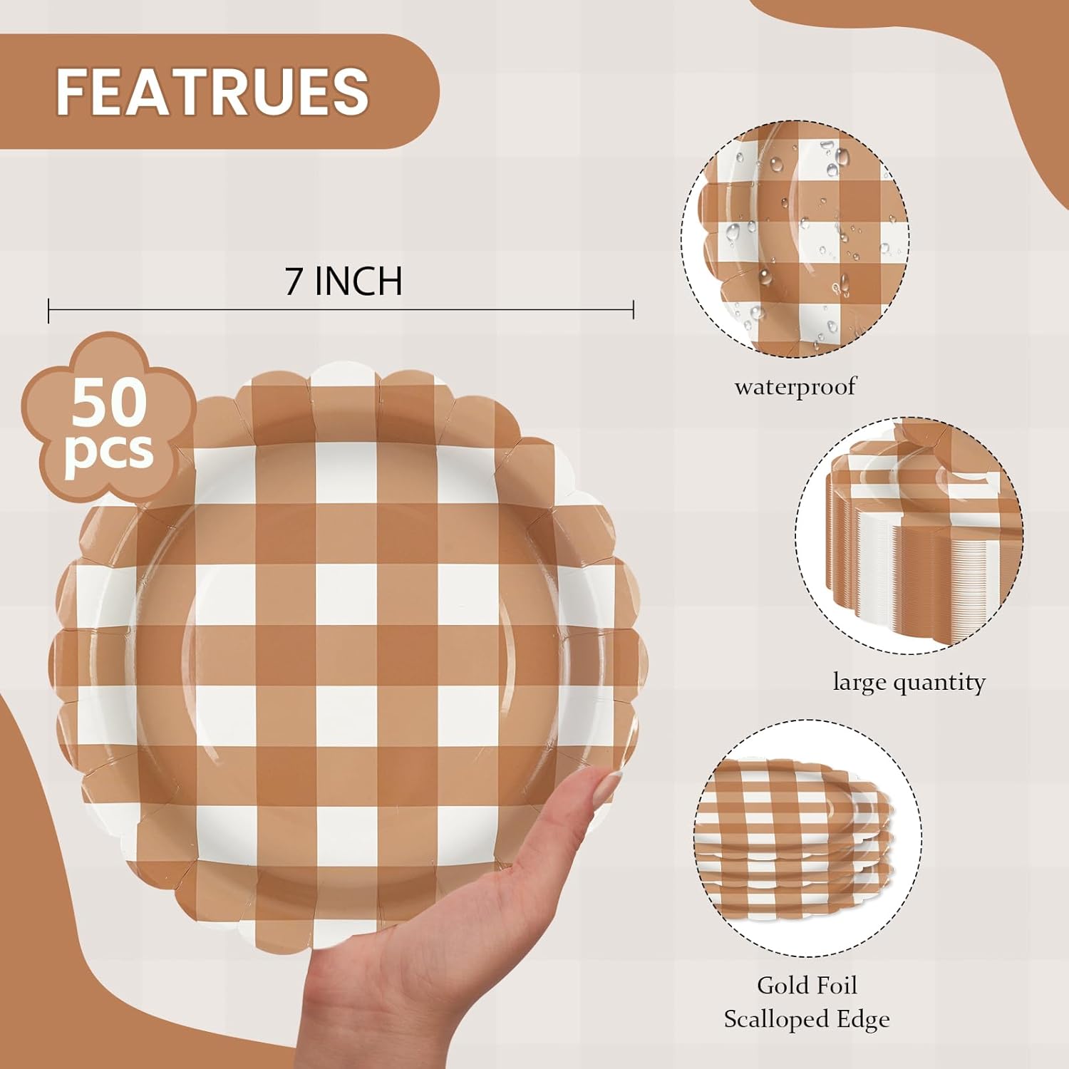 50PCS Brown Scalloped Paper Plates - 7Inch Striped Dessert Plates for Cake Salad Fruit Disposable Decorative Dinner Dessert Serving Plates for Autumn Birthday Party Supplies - Image 2