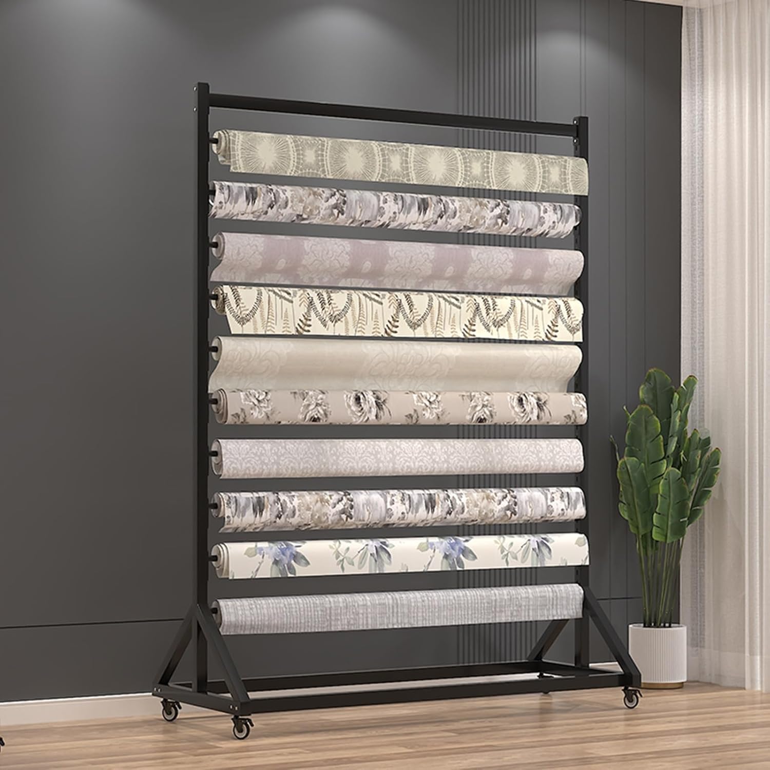 Adjustable Commercial Textile Fabric Sample Rack - Heavy Duty Steel Organizer th 6-14 Movable Rods for Vinyl Rolls, Car Wraps & Color Change Film (Gold, 10 Rods)