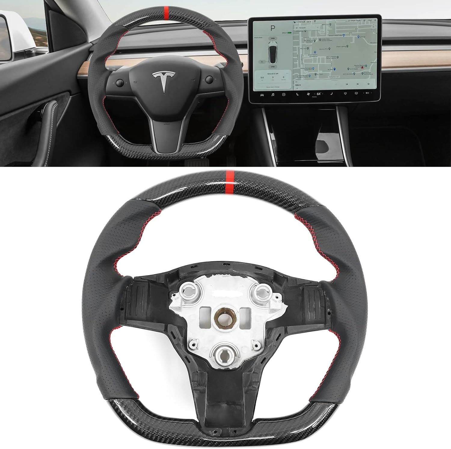 IKON MOTORSPORTS, Steering Wheel Compatible with 2017-2023 Tesla Model 3, 2020-2023 Tesla Model Y, Carbon Fiber & Perforated Leather With Red Stitching & Indicator Steering Wheel Brushed Kit