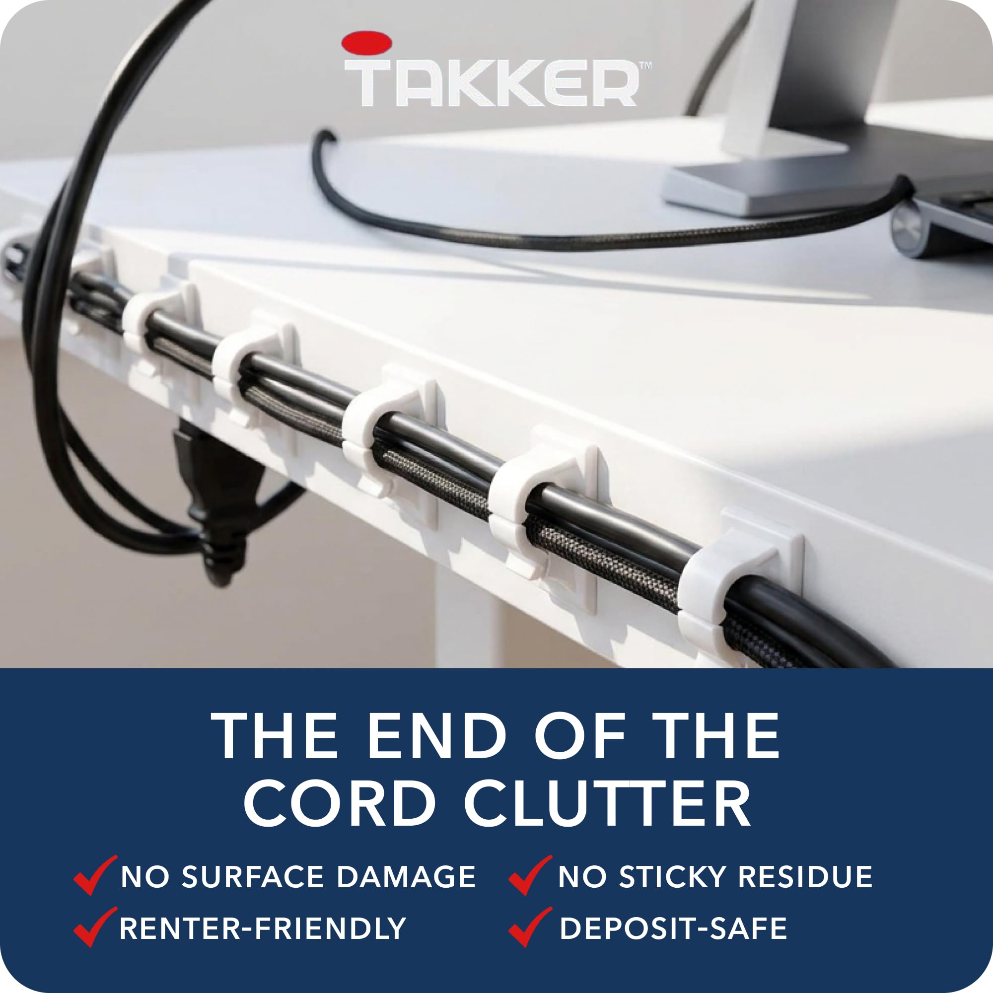 Takker - 4 x Cable Holder Tidy with 8 x Sticky Strips | Cable Hooks, Strong Adhesive, Easy Application, Damage-Free Removal, Re-Useable, No Sticky Residue, for Home, Bathroom, Kitchen, Walls — Amazon image 4