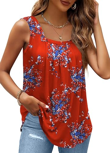 AGSEEM Camisetas sin mangas de verano para mujer, ajuste holgado, plisado, cuello cuadrado, sin mangas, dobladillo curvado, fluido