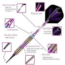 sanfeng Soft tip Darts Set 20 Gram Rainbow Brass Barrel Darts Plastic Tip with Purple Aluminum Shafts 50 Rubber o-Ring 6 Pattern Flights 50 Replacement Soft Tips for Electronic Dartboard