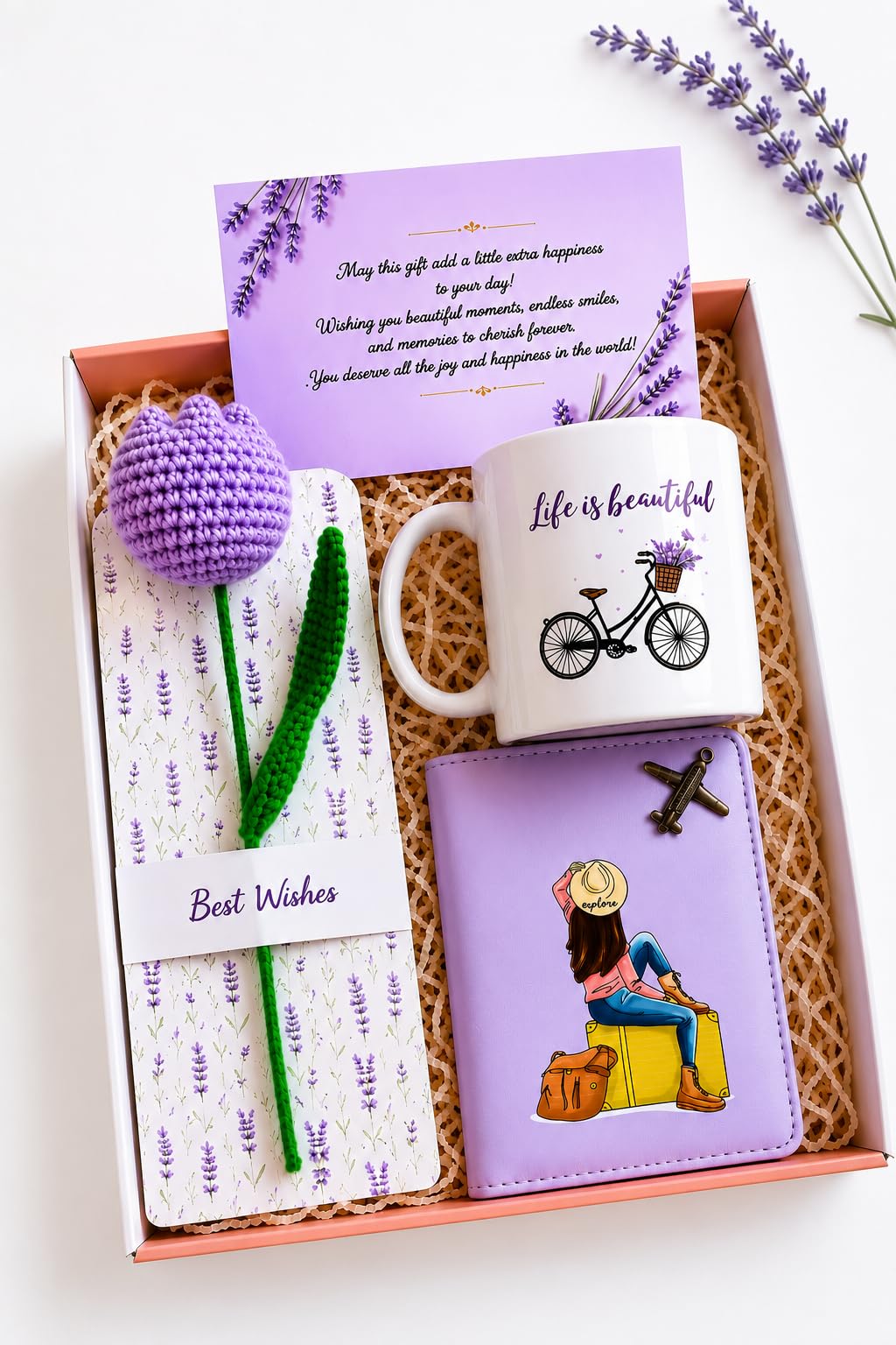 Rarejoy Premium Gift Hamper for Women | Ceramic Mug, Faux Leather Passport Cover, Handmade Tulip Crochet Flower & Greeting Card | 4 In 1 Gift Set | Birthday, Valentine, Anniversary, Bridesmaids, Farewell Gift Set for Her | Ready to Gift Packaging-image-44