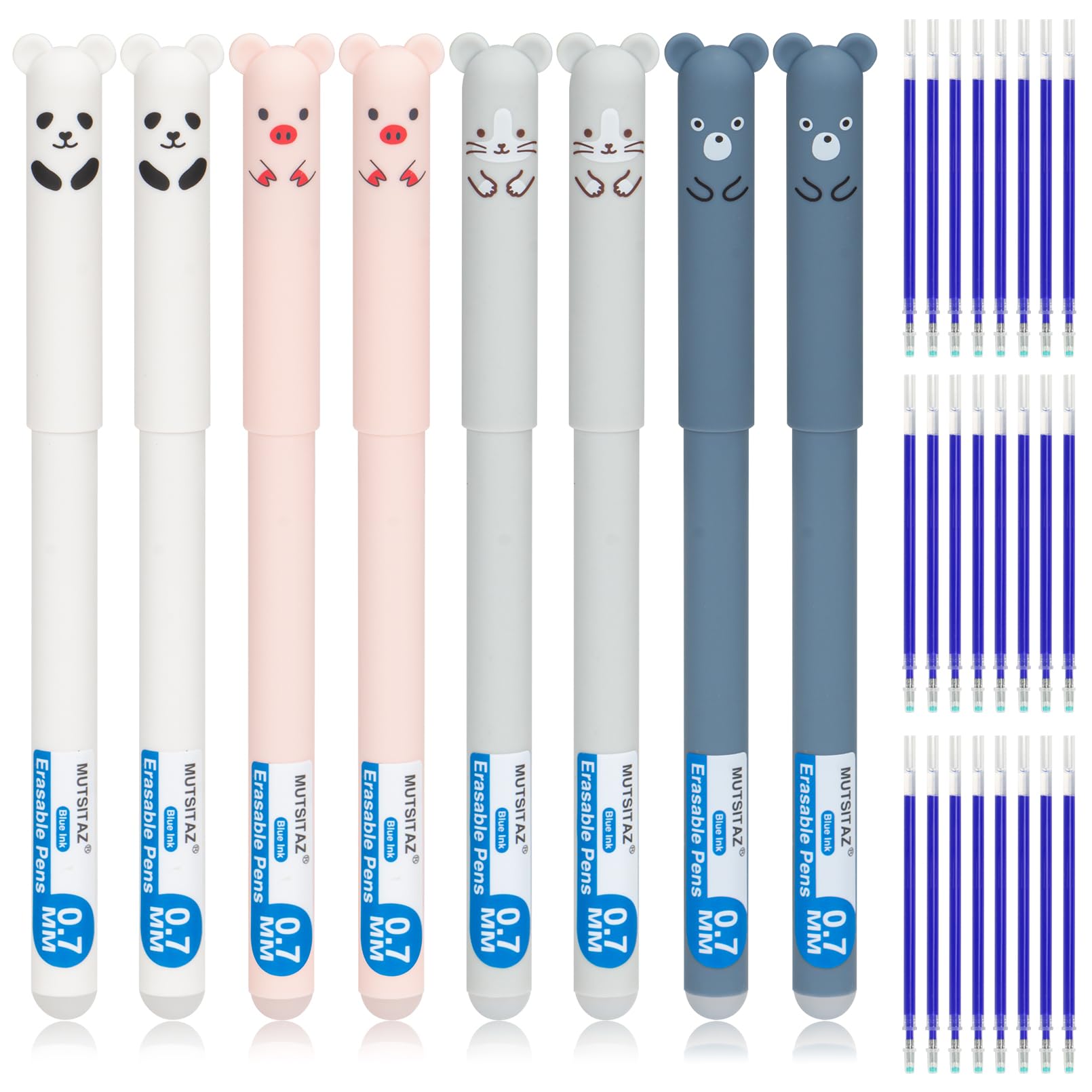 Mutsitaz Erasable Pens Blue Ink – 8pcs Cute Animal Friction Pens with 24 Refills, 0.7mm Rub Out Gel Pen for School & Office Supplies