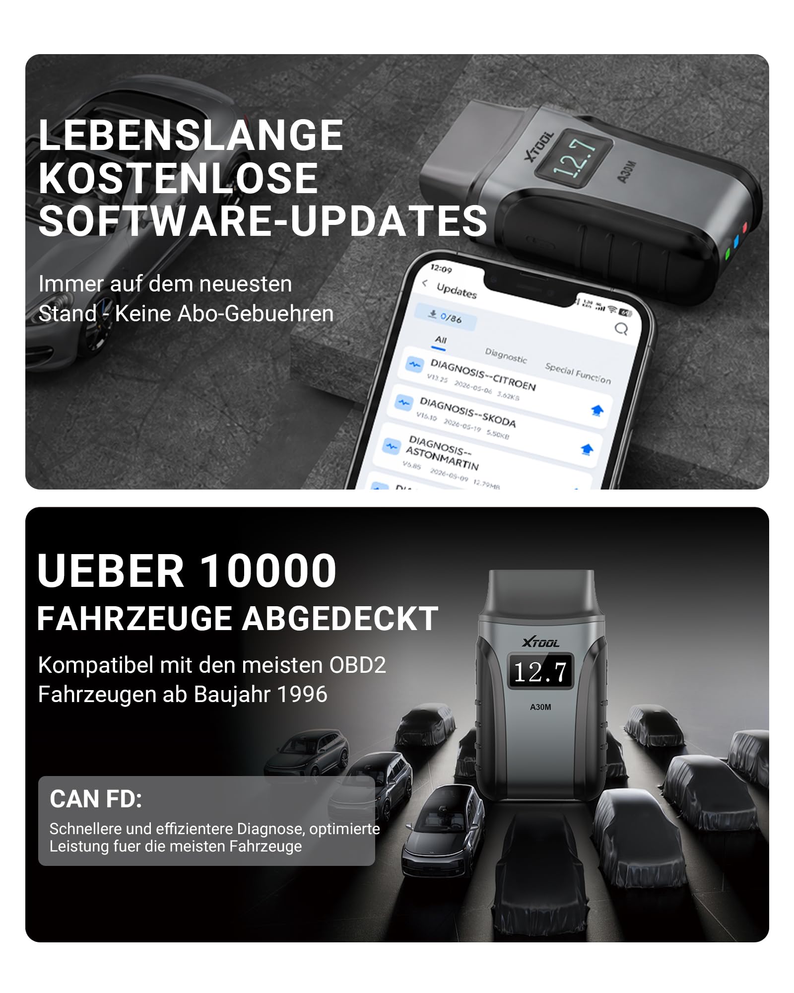 XTOOL A30M OBD2 Diagnosegerät Set, Bidirektionales Kabelloses Diagnosegerät Auto, Vollsystem, KI-Unterstützung, 26+ Resets, Öl ABS BMS DPF, 8-PID Live-Daten für iOS/Android, Lebenslange Update, CAN FD