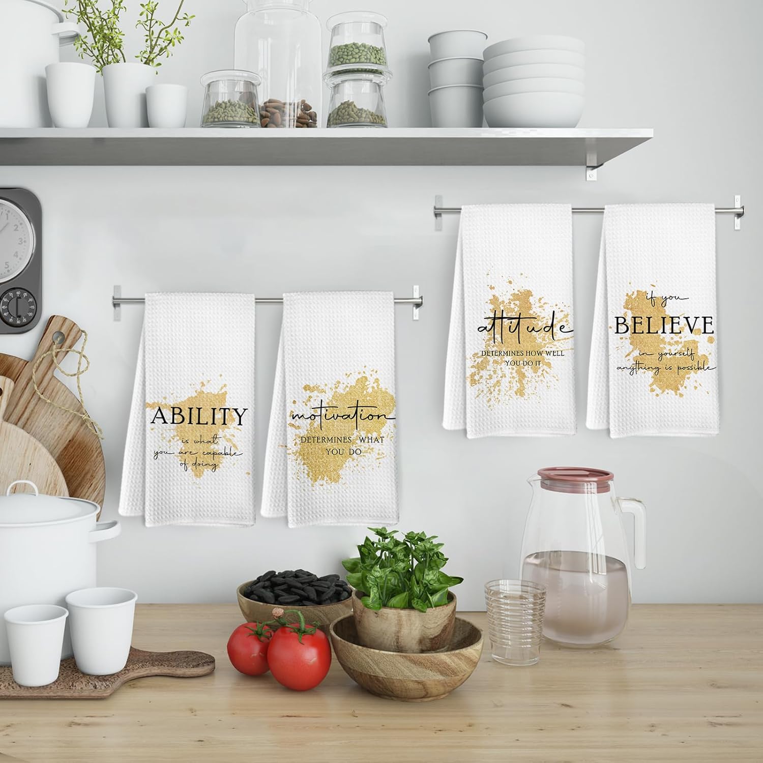 Gold Inspirational Kitchen Towels and Dishcloths Set of 4, Motivational Quotes Dish Towels, Modern Gold Positive Affirmations Decorative Hand Tea Towel for Office Bathroom Kitchen, 16x24Inch