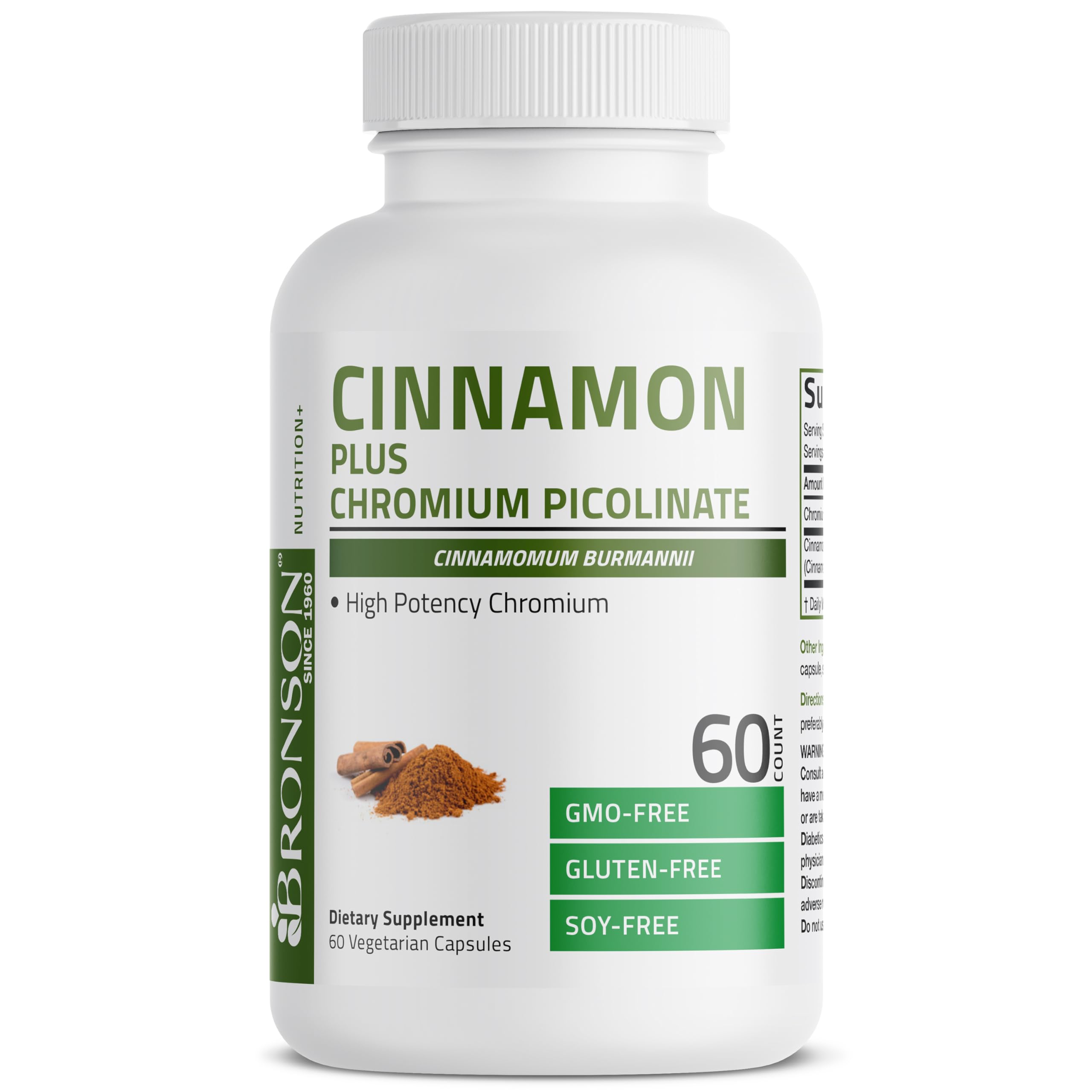 Bronson Cinnamon Plus Chromium Picolinate Supplement, High Potency Chromium, Non-GMO, 60 Vegetarian Capsules