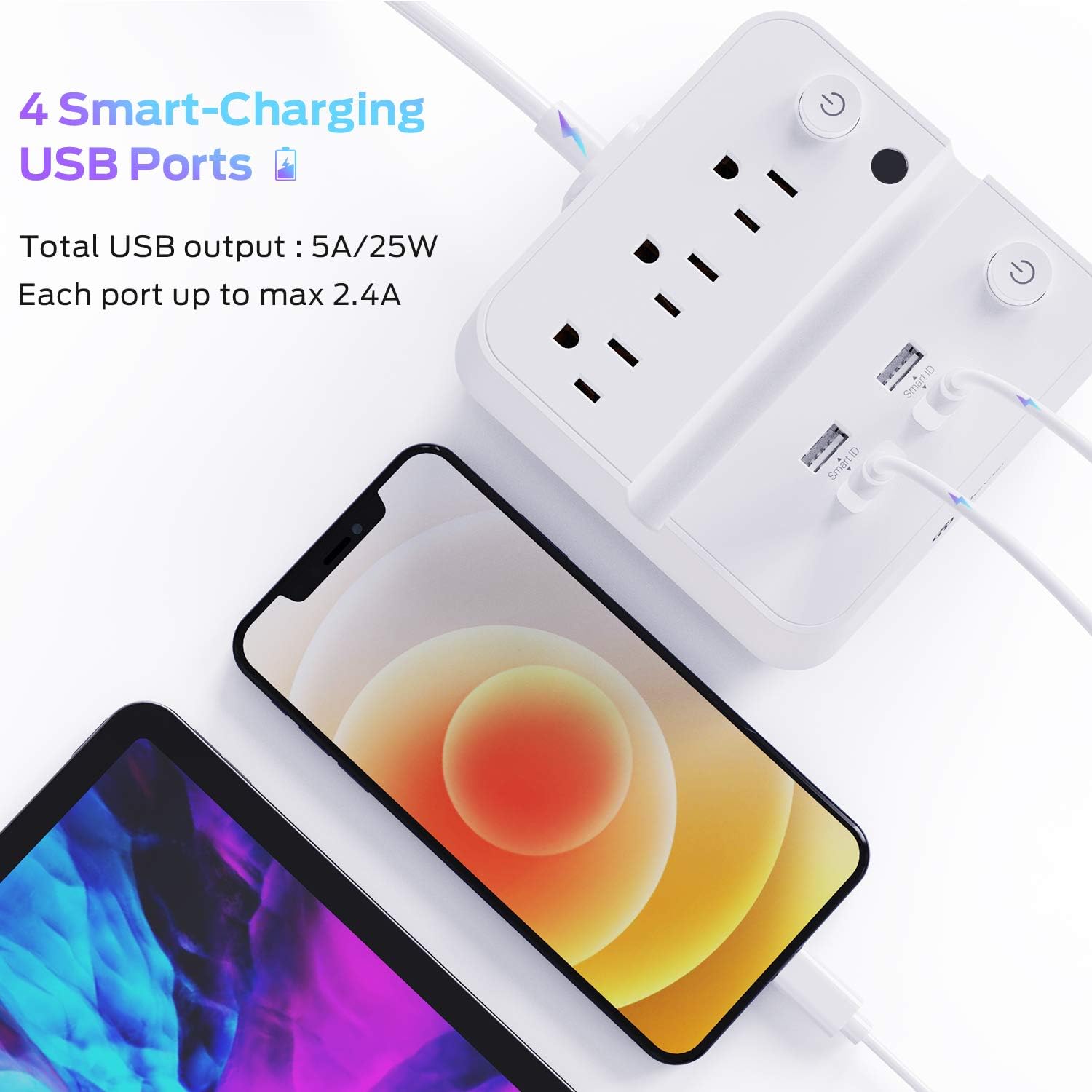 iClever power strip with 4 USB charging ports and devices connected