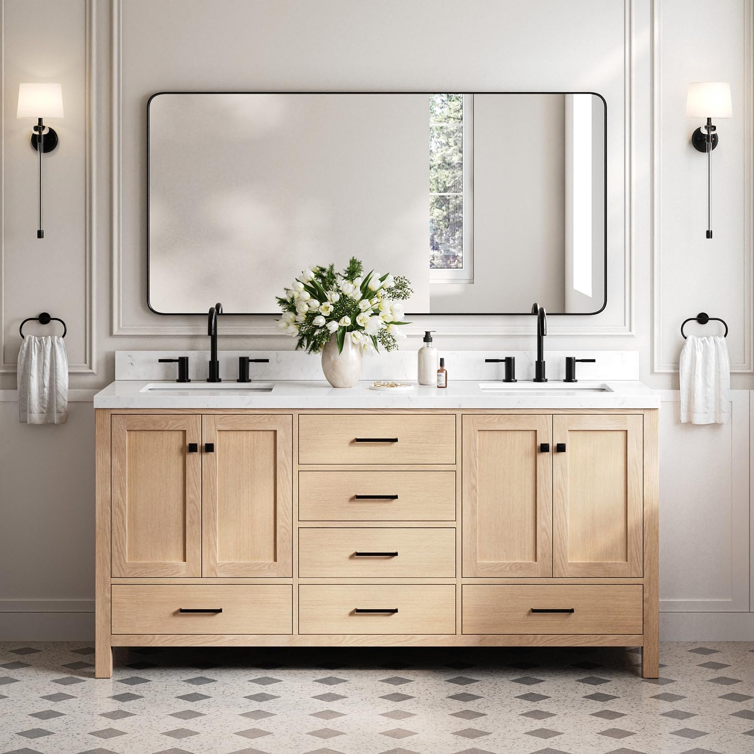 DKB Beckford 72-Inch Oak Double Bathroom Vanity Base Cabinet, Shaker Doors, 6 Full Extension Dovetail Drawers, Matte Black Hardware, Solid Wood Frame