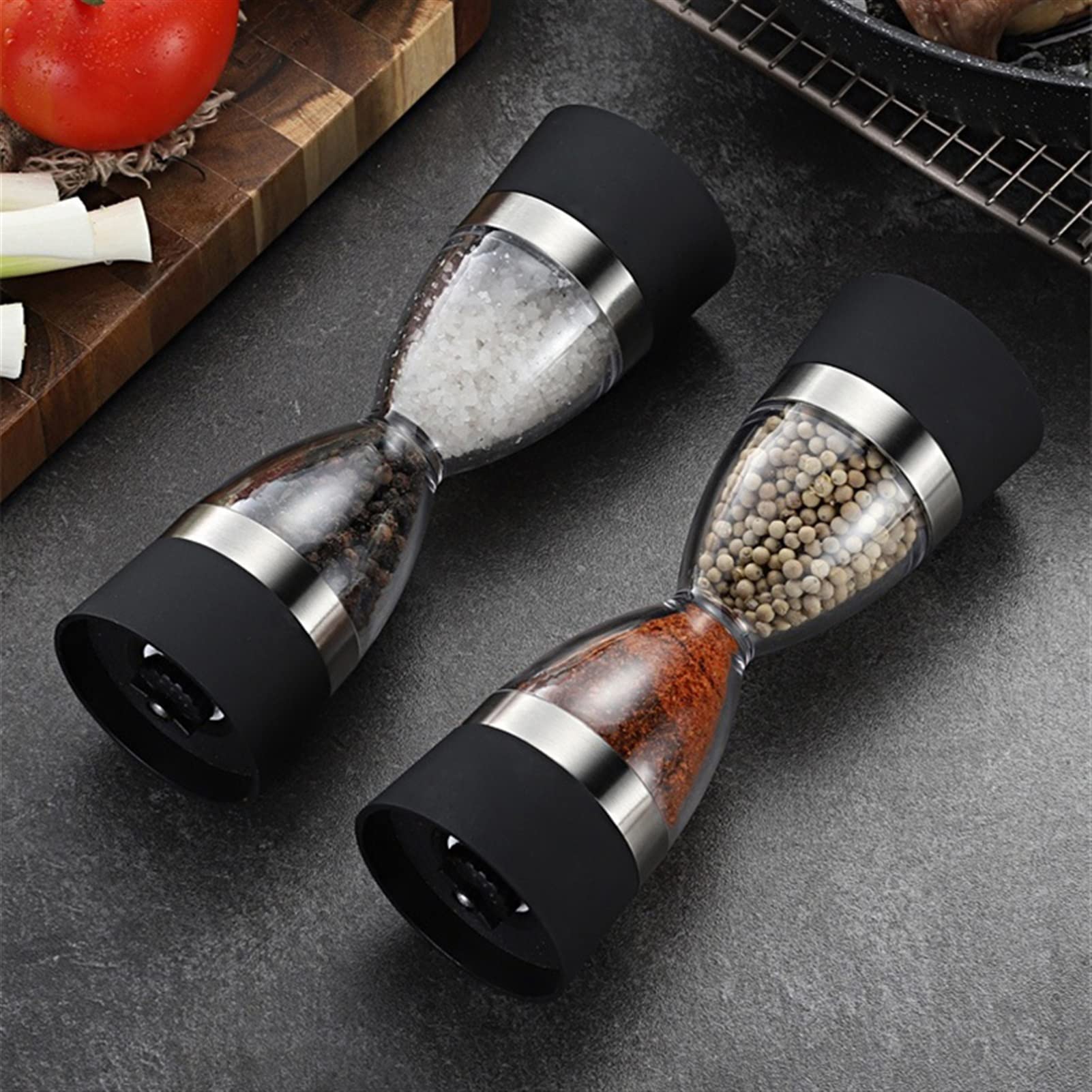 Zestaw młynka do soli i pieprzu, Sól lub instrukcja 2 w 1 kuchnia kształcie klepsydry podwójny młynek do soli i pieprzu przypraw(2pcs)