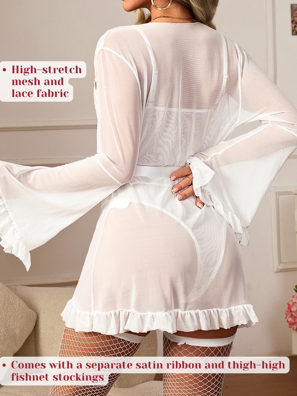 ShawGobow Sexy Lingerie With Stockings,Lace Bodysuit & Sheer Robe Sets,Women Bridal Valentines Boudoir Outfits