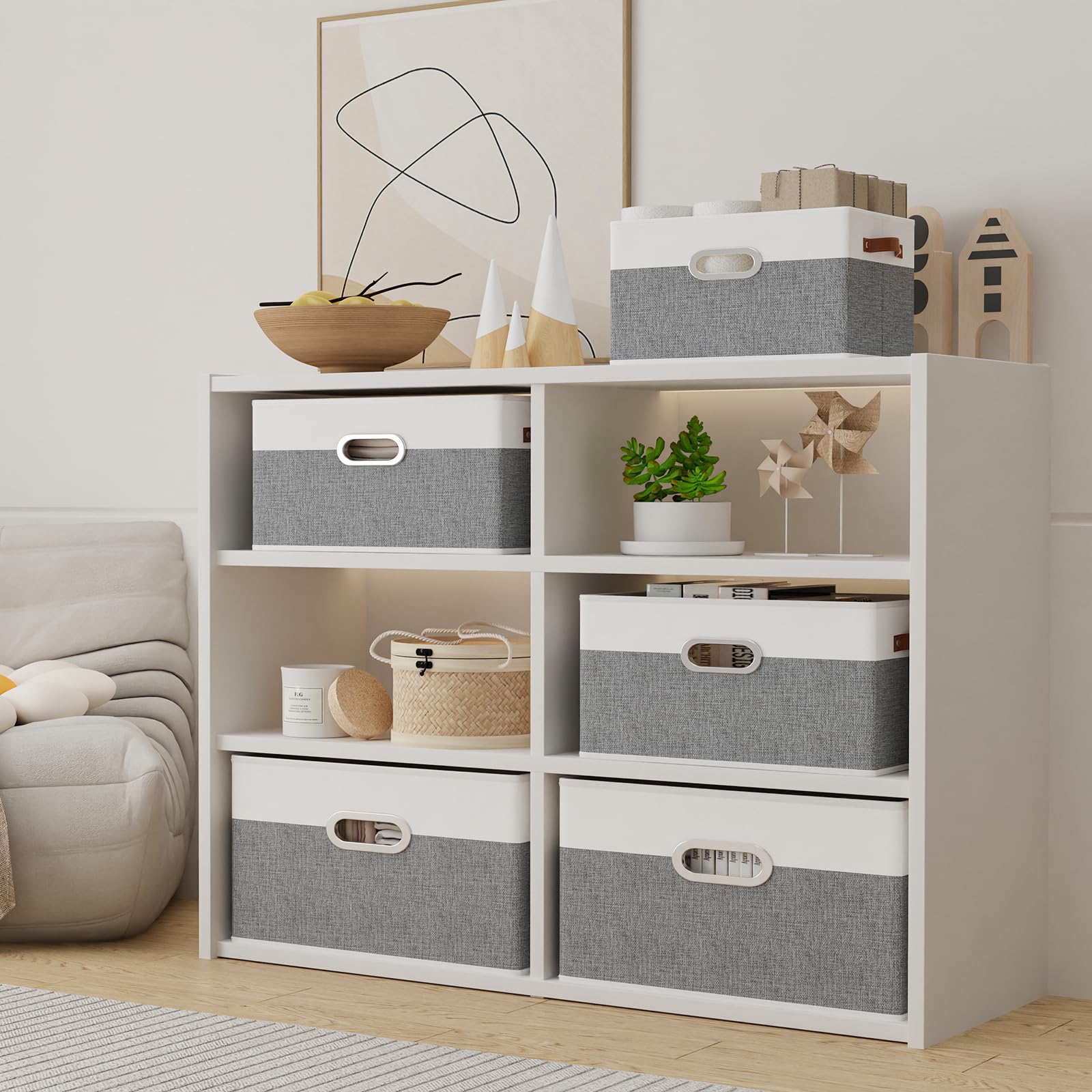 Yawinhe Boîtes de Rangement Lavable,Lot de 3 Panier Blanc/Gris,38x25x21cm | Sans Couvercle Boîte de Pliables;Coffre avec Plaques en PP; Lavable Rangement Tissu avec poignées en cuir pour Vêtements