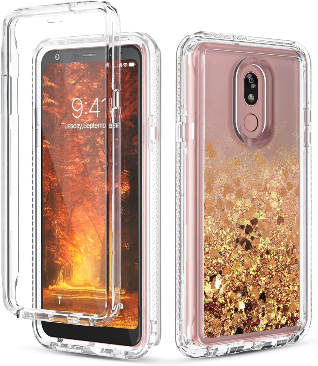 Dexnor Compatible with LG Stylo 5 Case with Built in Screen Protector Clear Glitter Bling Quicksand Rugged Silicone Hard 3D Dual Layer Hybrid Defender Bumper for Girl Women Light Brown