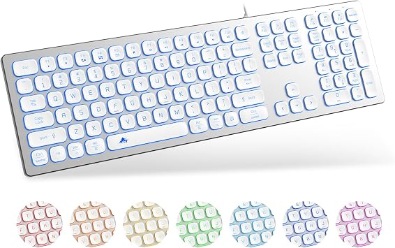 POWZAN Aluminum Quiet Wired Keyboard Backlit- Slim Chiclet Key Compatible with Apple iMac, MacBook, Mac and PC, USB Keyboard Numeric Keypad RGB Lighted Key - Silver White
